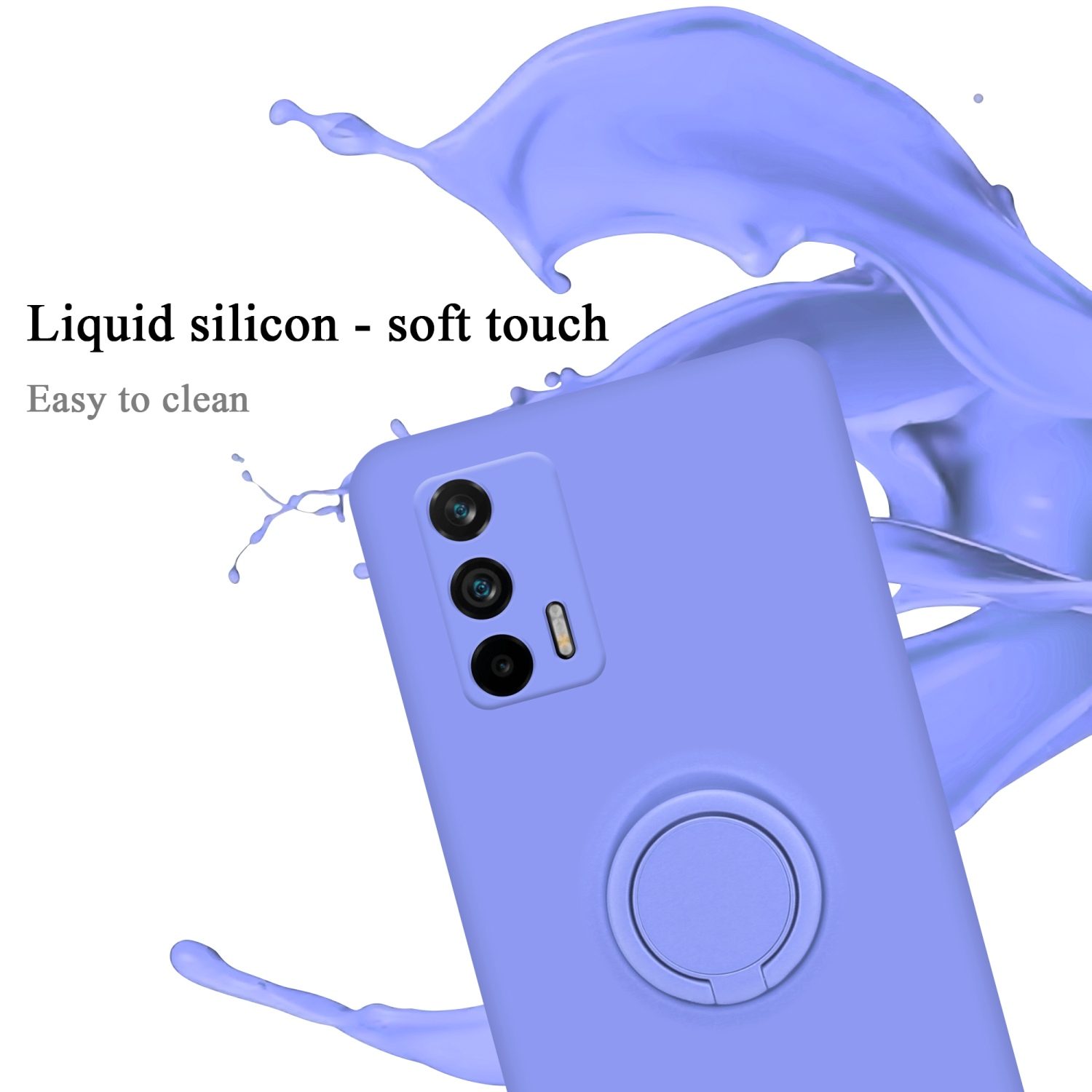 Una custodia viola chiaro per telefono con un telefono all'interno e uno schizzo di liquido viola. La custodia ha un porta anello.