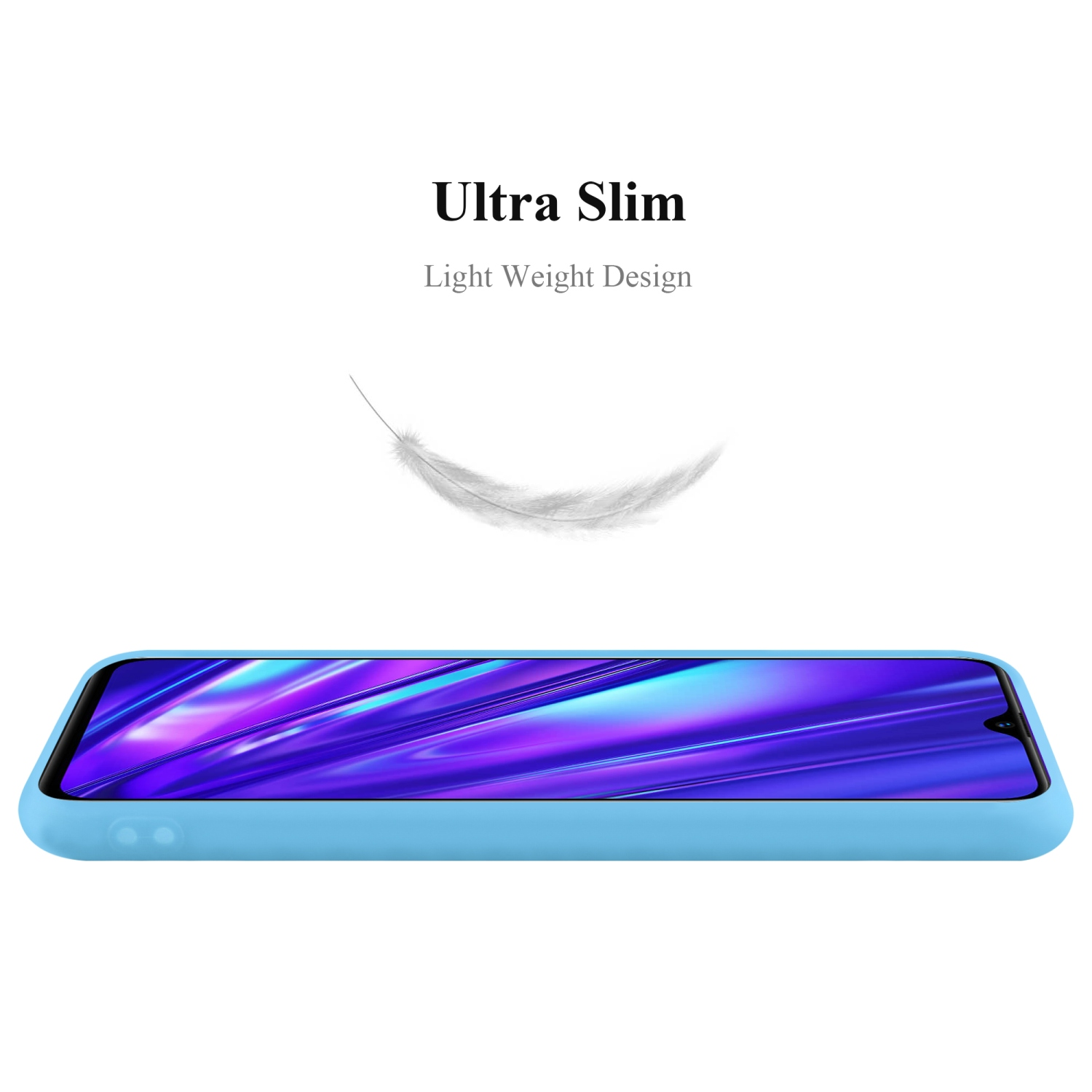 Custodia per telefono azzurra. La custodia è ultra sottile, con una grafica a piuma e sfondo bianco.