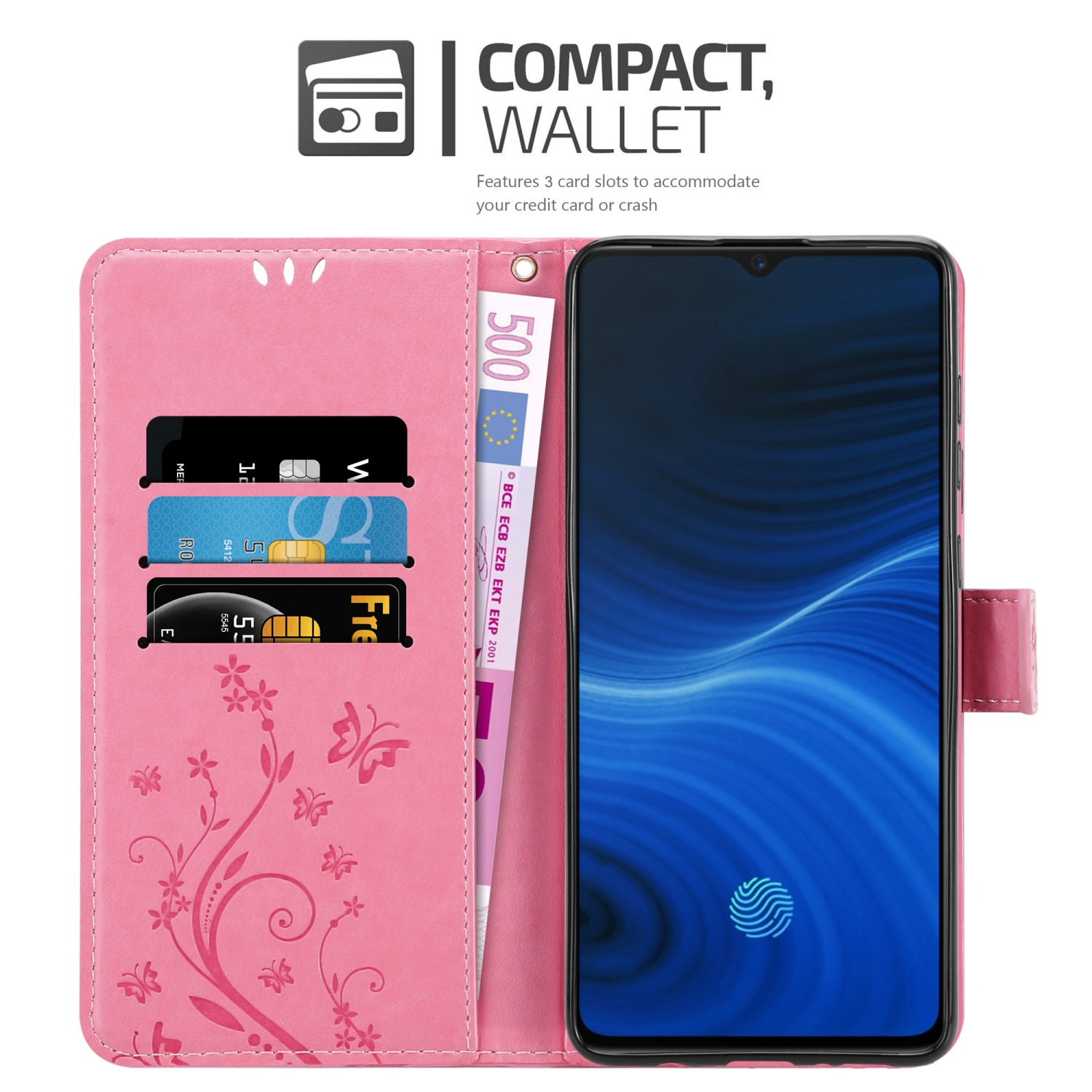 Portafoglio per telefono rosa aperto, che mostra telefono, carte e denaro. Testo: Portafoglio compatto, 3 slot.