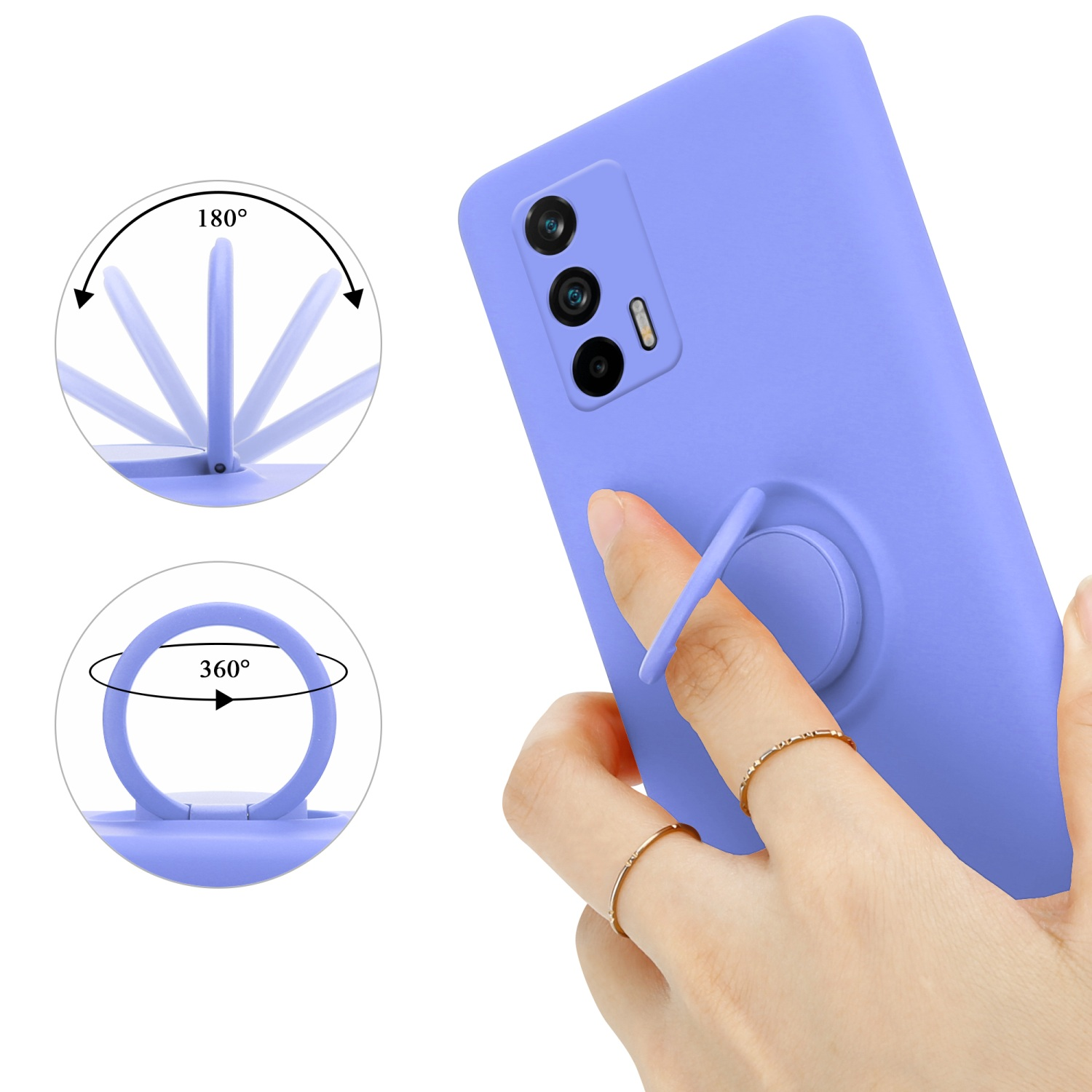 Una custodia per telefono viola con un supporto ad anello. L'anello ruota di 360 gradi per la funzione di supporto.