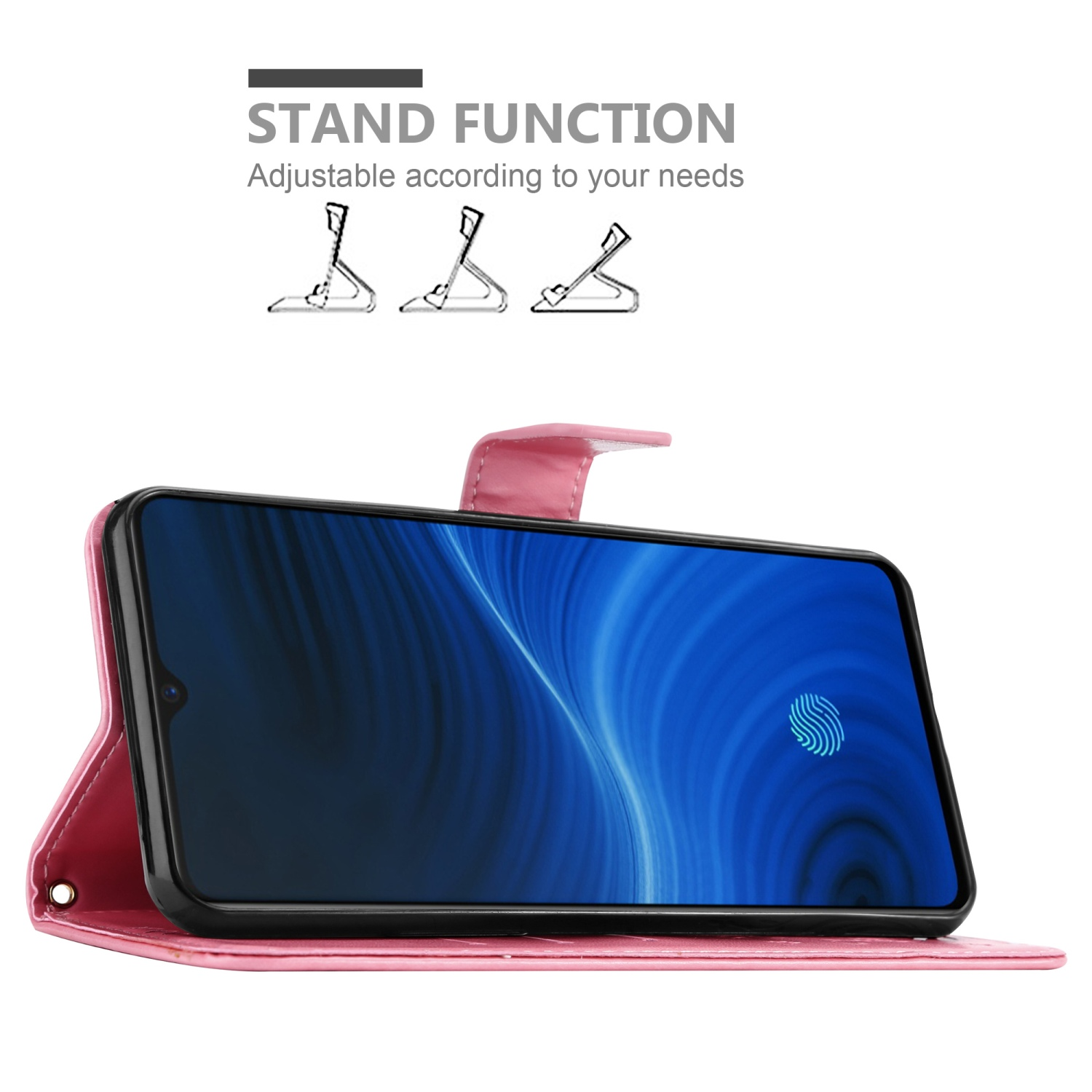 Custodia a portafoglio rosa, aperta, con un telefono all'interno. Il dettaglio mostra la funzione stand con diverse posizioni.