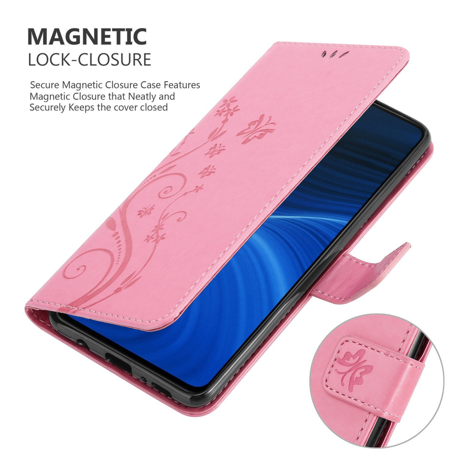 Custodia per telefono rosa aperta, mostra lo schermo del telefono con un design floreale. Testo: Chiusura magnetica.