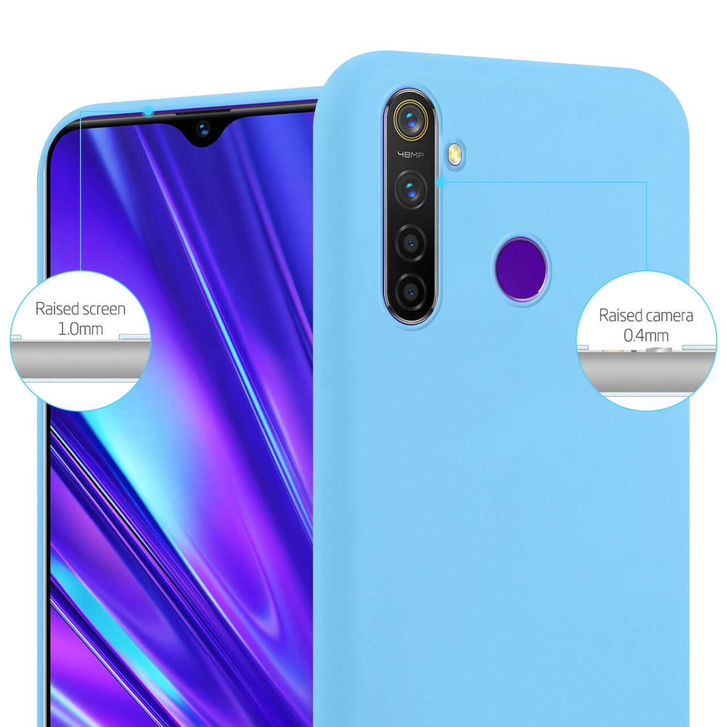 Una custodia per telefono azzurra copre un telefono, con dettagli dei bordi rialzati dello schermo e della fotocamera.