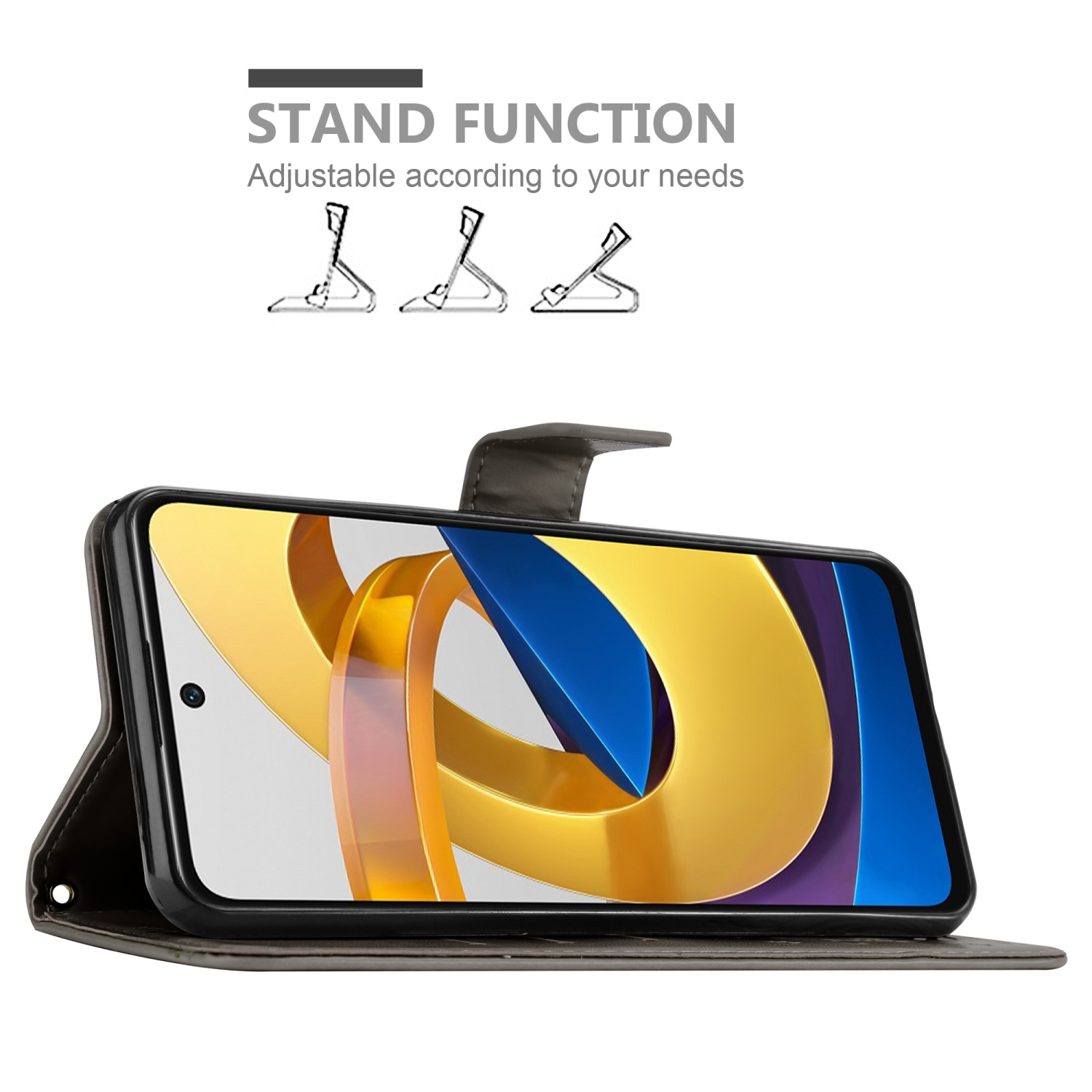 Telefono in una custodia aperta. Display acceso, design blu e oro. Funzione supporto.