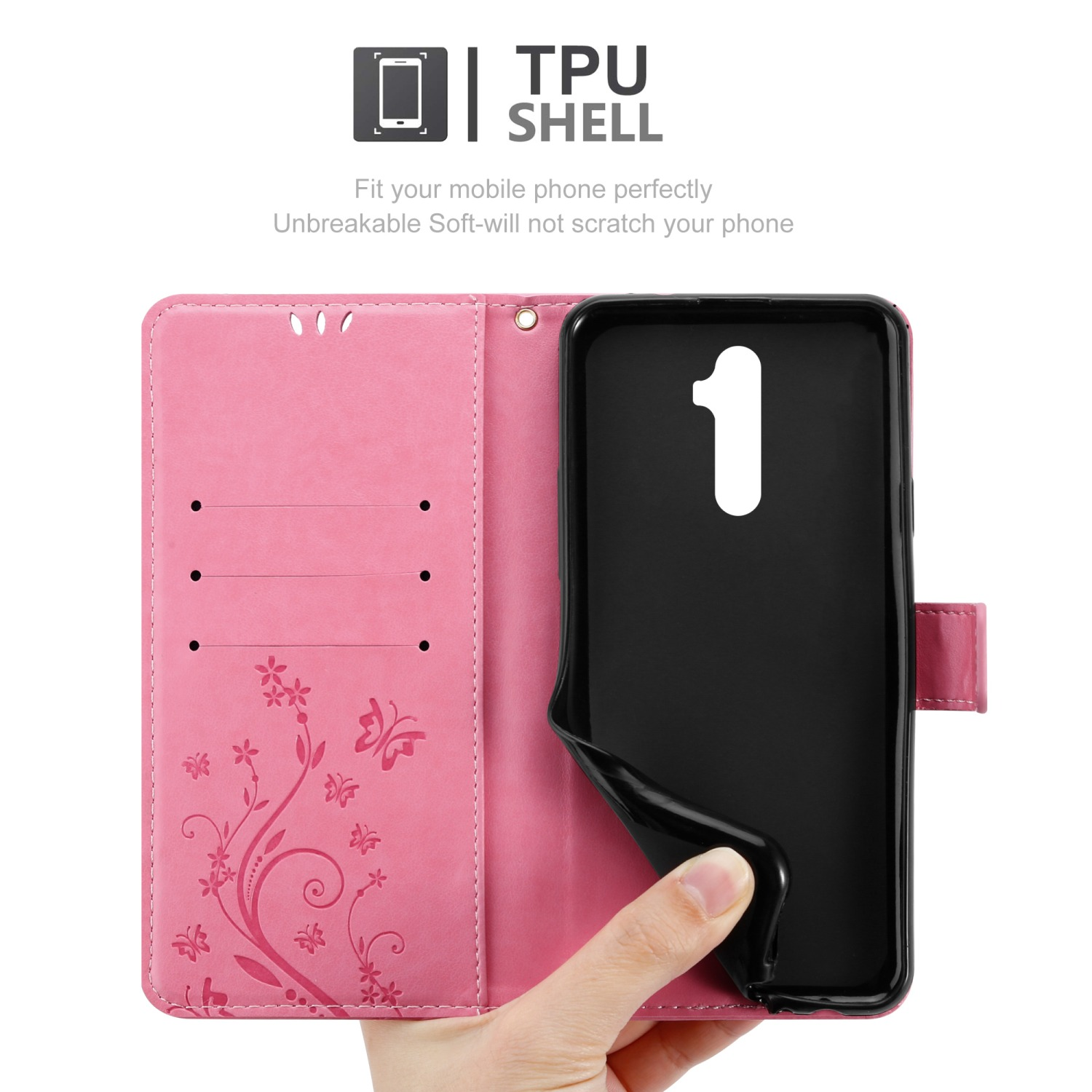 Una custodia per telefono rosa è aperta. Una mano tiene un telefono all'interno. La custodia ha un design floreale.