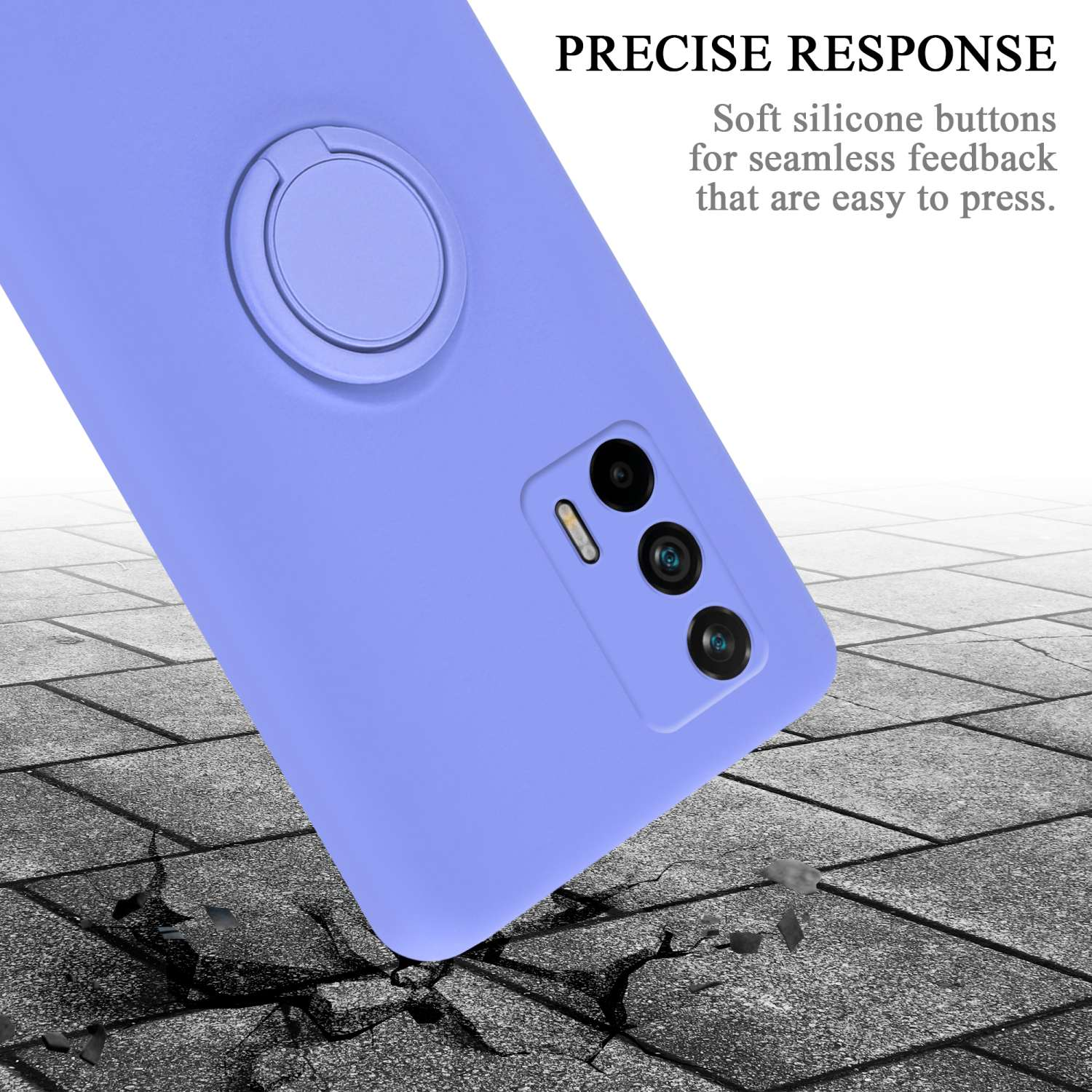 Custodia per telefono viola con anello di supporto. Testo 'Risposta precisa'. La custodia ha pulsanti in silicone morbido.