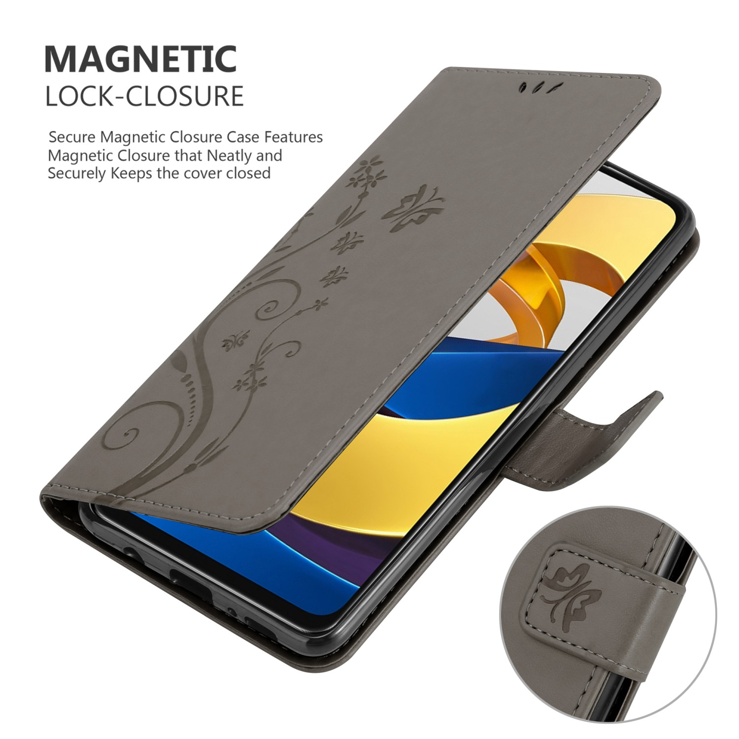 Custodia grigia per telefono con design floreale, aperta per mostrare un telefono. Testo: Chiusura magnetica.