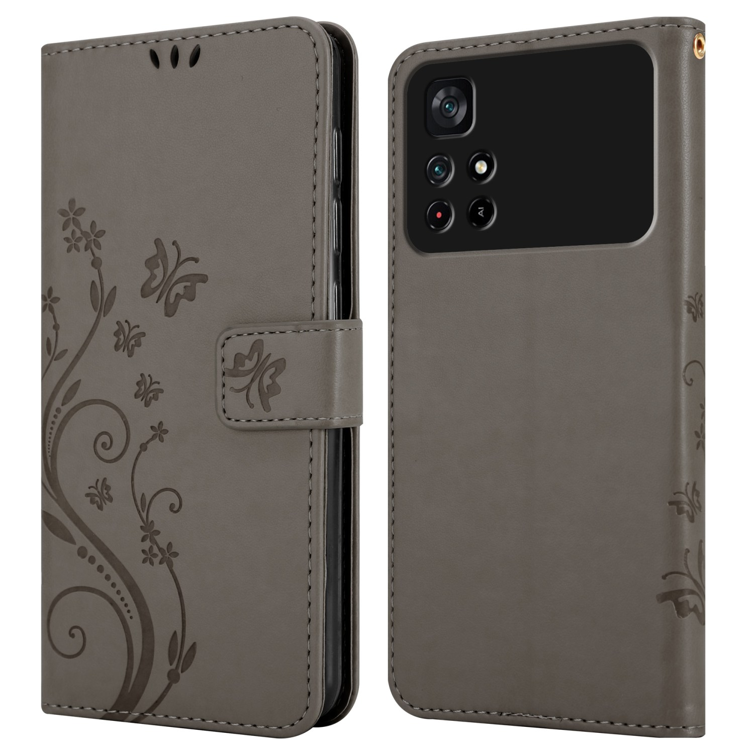 Custodia grigia per telefono con design floreale. Ha un design a portafoglio e un motivo a farfalla.