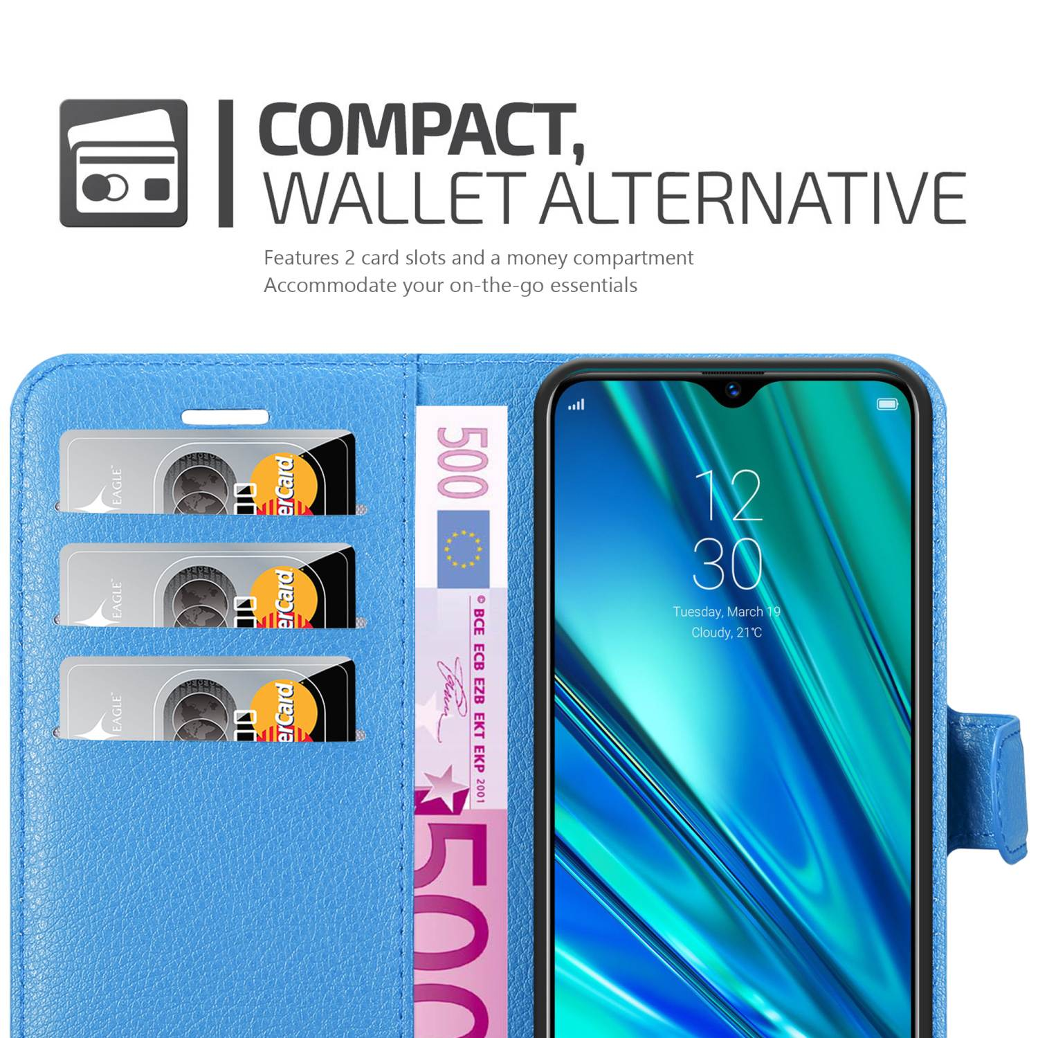 Portafoglio blu per telefono con carte e denaro. Testo: 'Compatto, Alternativa al portafoglio'. Il telefono mostra l'ora.
