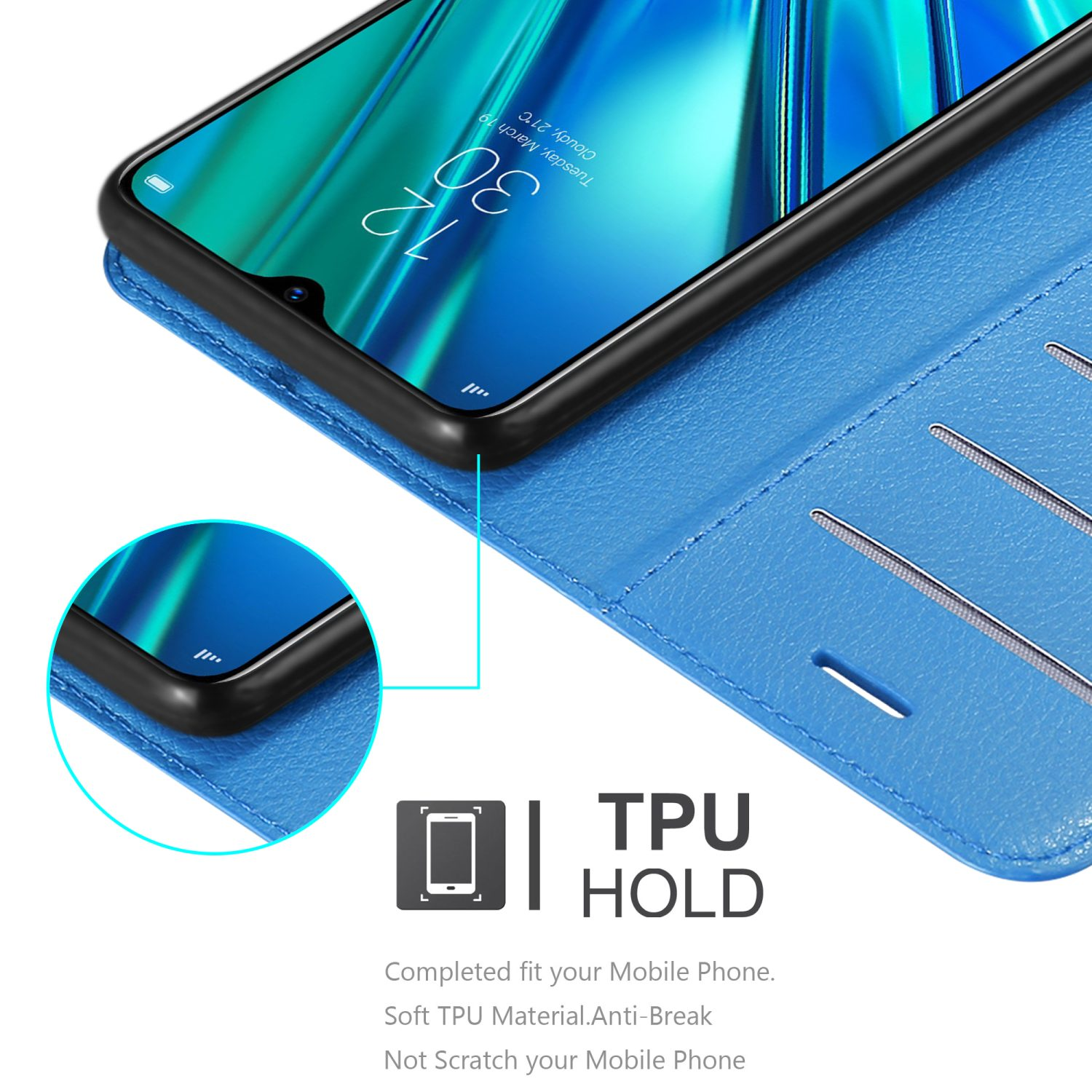 Custodia blu per telefono con un telefono all'interno. L'immagine è una custodia aperta con un supporto in TPU.