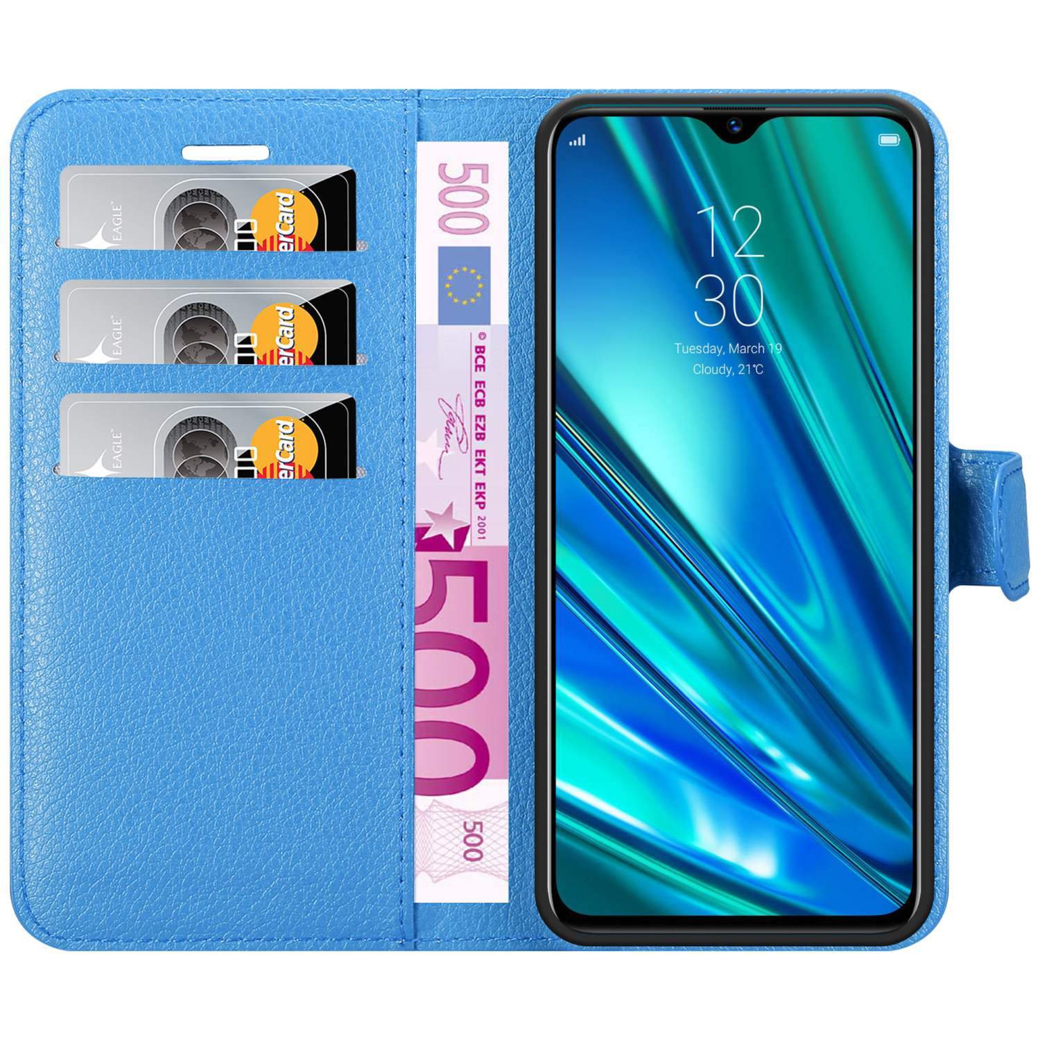 Custodia a portafoglio blu con carte di credito e banconote da 500 euro, che tiene un telefono.