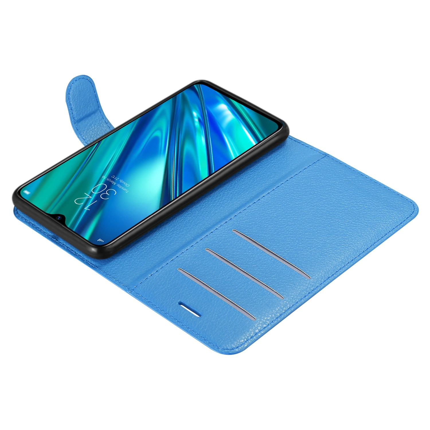 Custodia blu per telefono aperta, mostra un telefono. La custodia ha una chiusura magnetica.