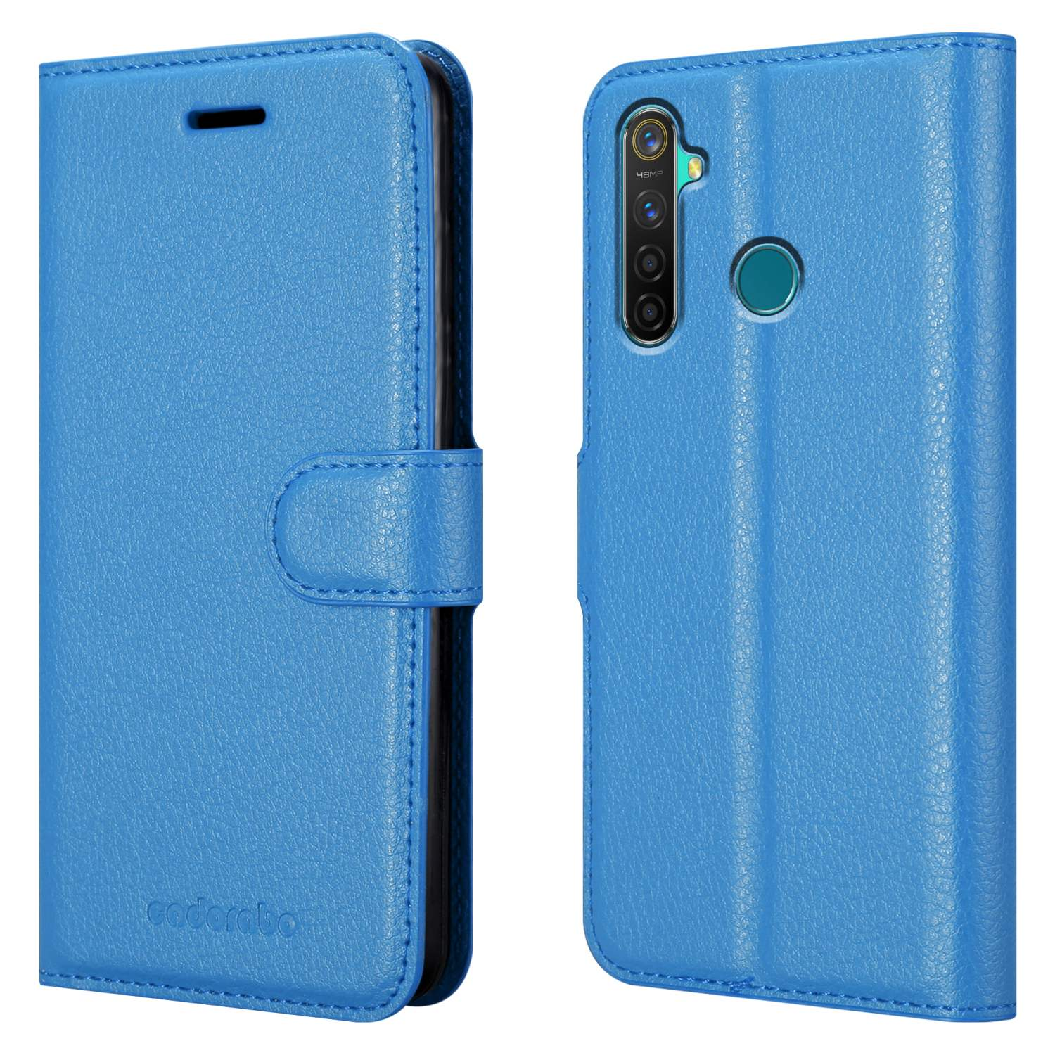Custodia blu per telefono, aperta, che mostra l'interno e l'esterno di un telefono. La custodia è su sfondo bianco.