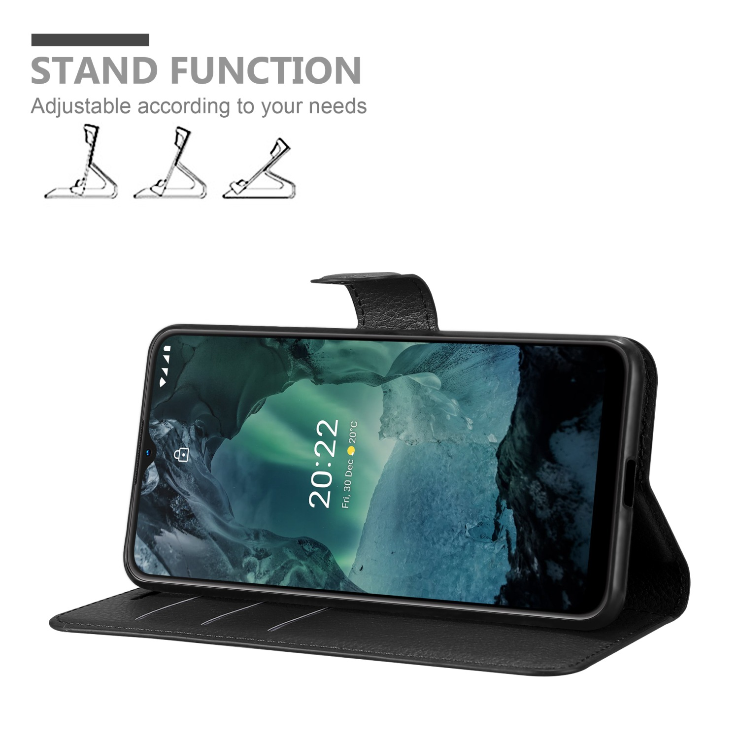Una custodia per telefono blu, che mostra lo schermo, con una funzione di supporto.