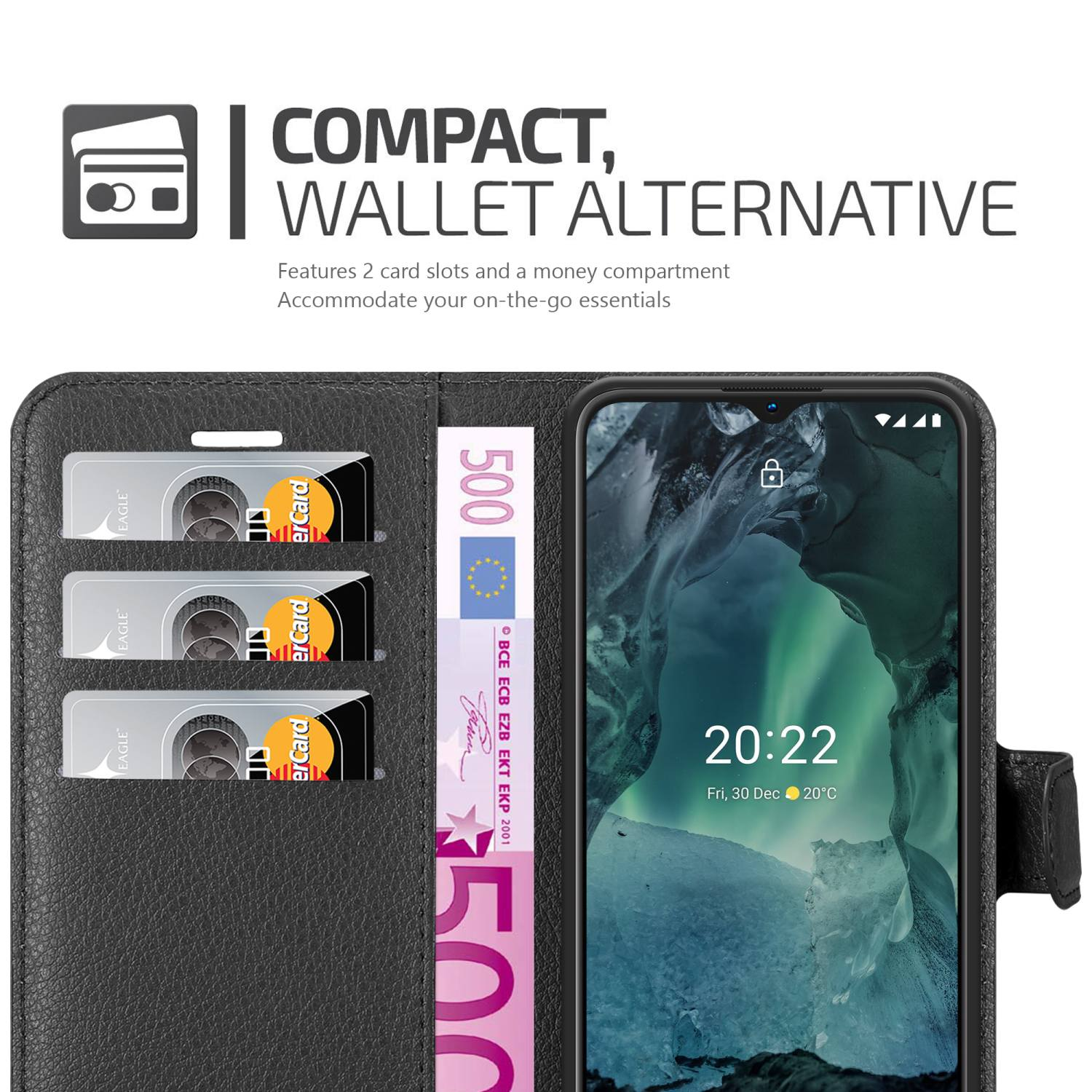 Custodia nera con fessure per carte e denaro. Telefono con visualizzazione dell'ora visibile. Testo: Alternativa al portafoglio.