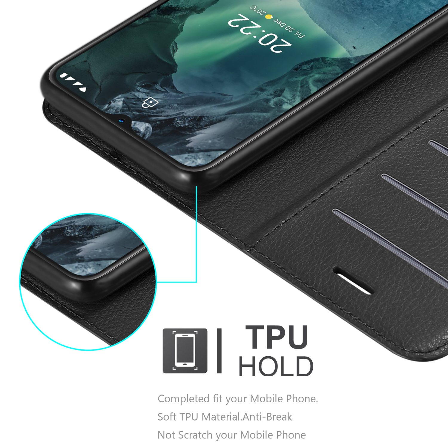 Custodia per telefono nera aperta, che mostra un telefono. La custodia ha slot per schede e supporto in TPU. Lo schermo è acceso.