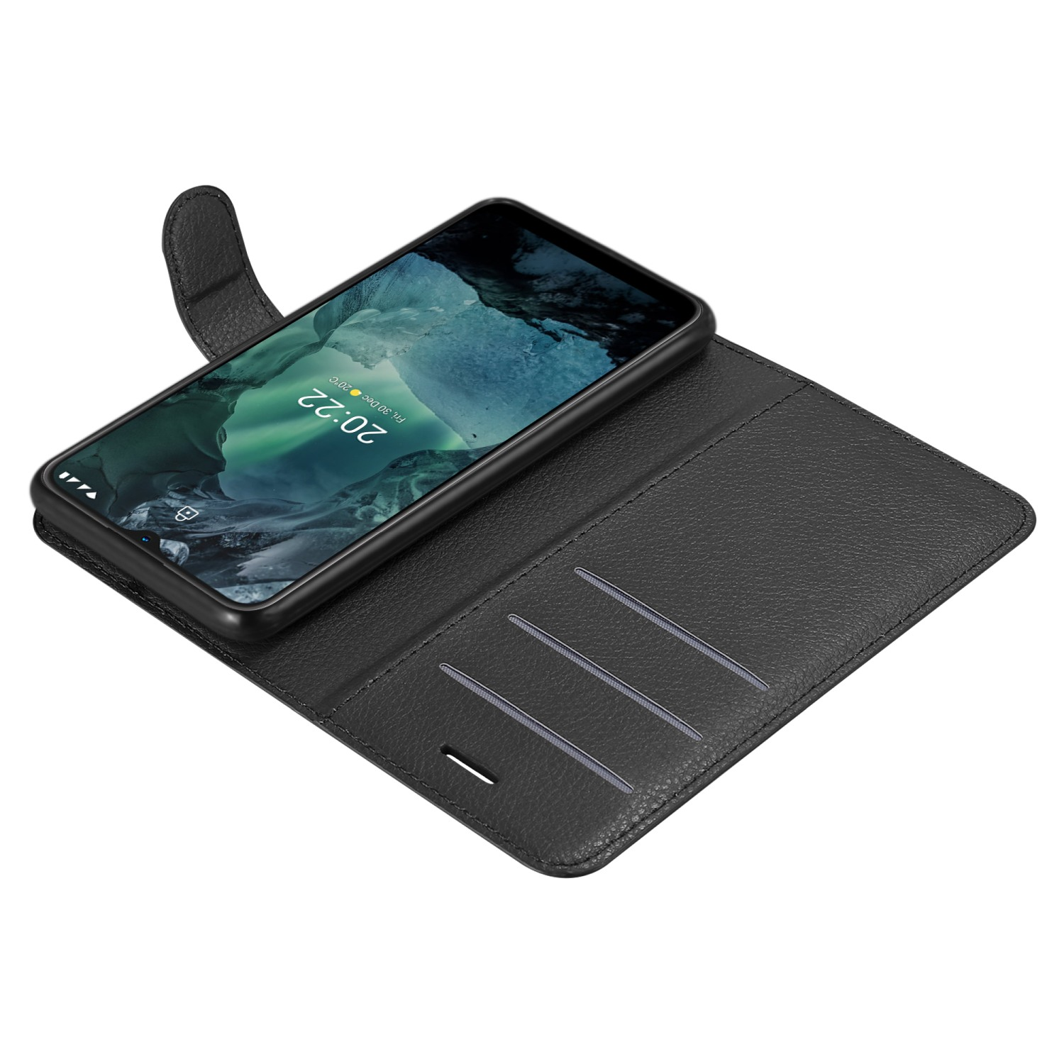 Una custodia per telefono nera aperta, che mostra un telefono con schermo blu e slot per schede.