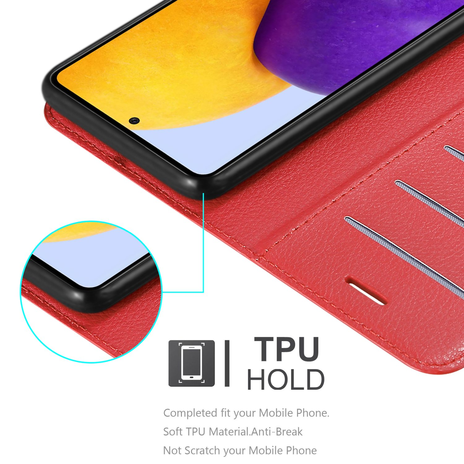 Custodia rossa con telefono. Testo: TPU HOLD. Adattamento perfetto. TPU morbido. Anti-rottura.