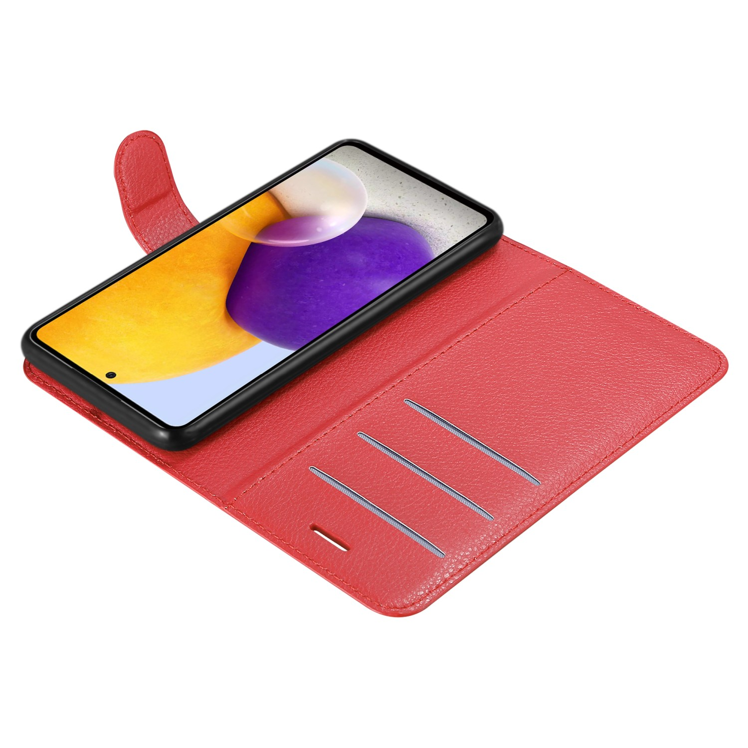 Custodia rossa per telefono aperta, che mostra un telefono con schermo giallo e viola e fessure per carte.