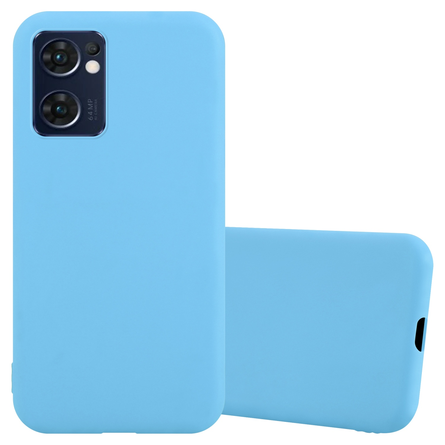 Custodie per telefono azzurre. Una in piedi, una piatta. Configurazione a doppia fotocamera sul retro.