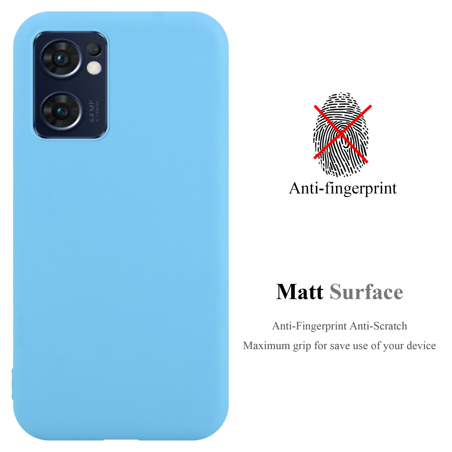 Custodia blu chiaro per telefono con fotocamera. Anti-impronte e superficie opaca. Testo: Anti-impronte Anti-graffio.