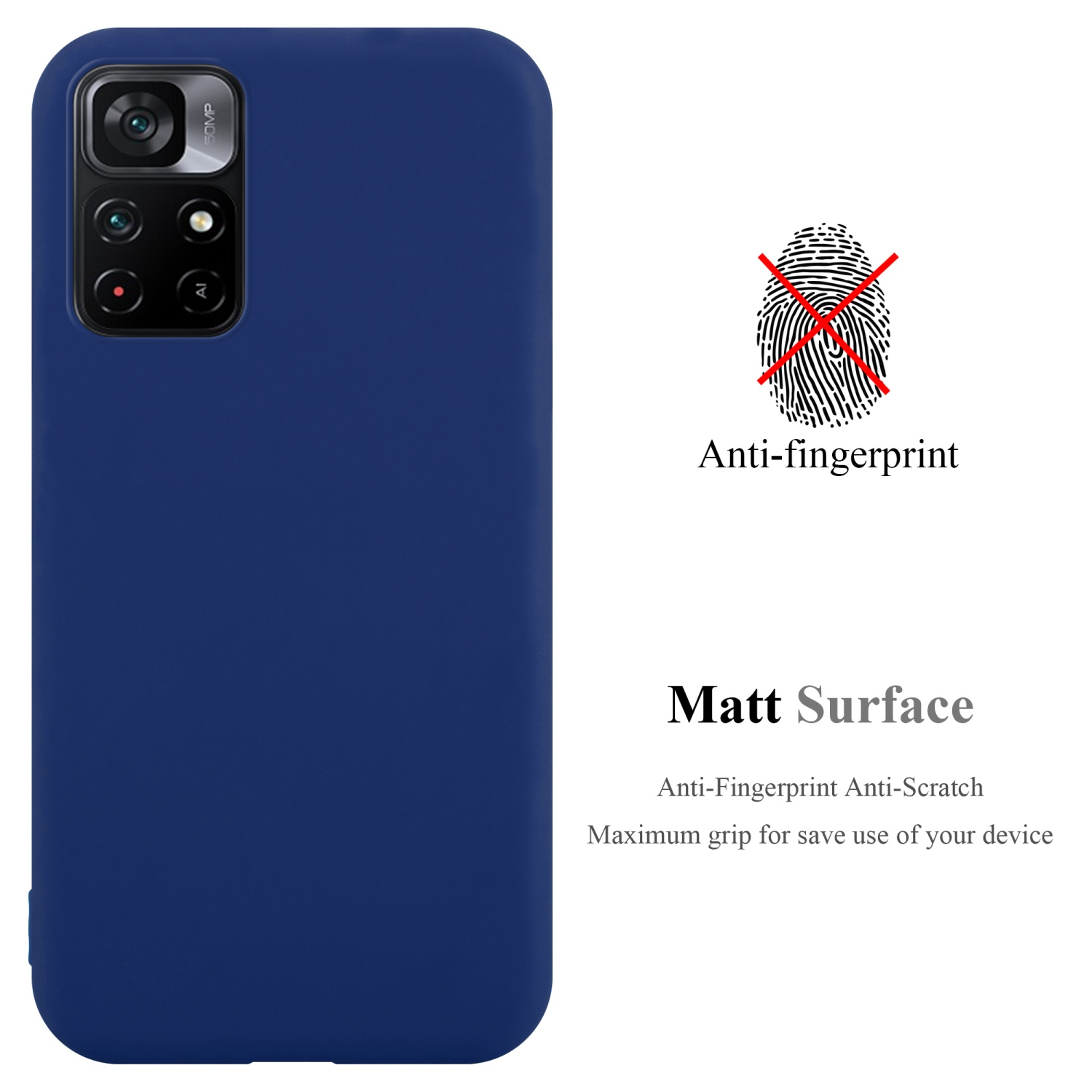 Una custodia per telefono blu navy con ritaglio per la fotocamera. Il testo dice 'Matt Surface' e 'Anti-impronte digitali'.