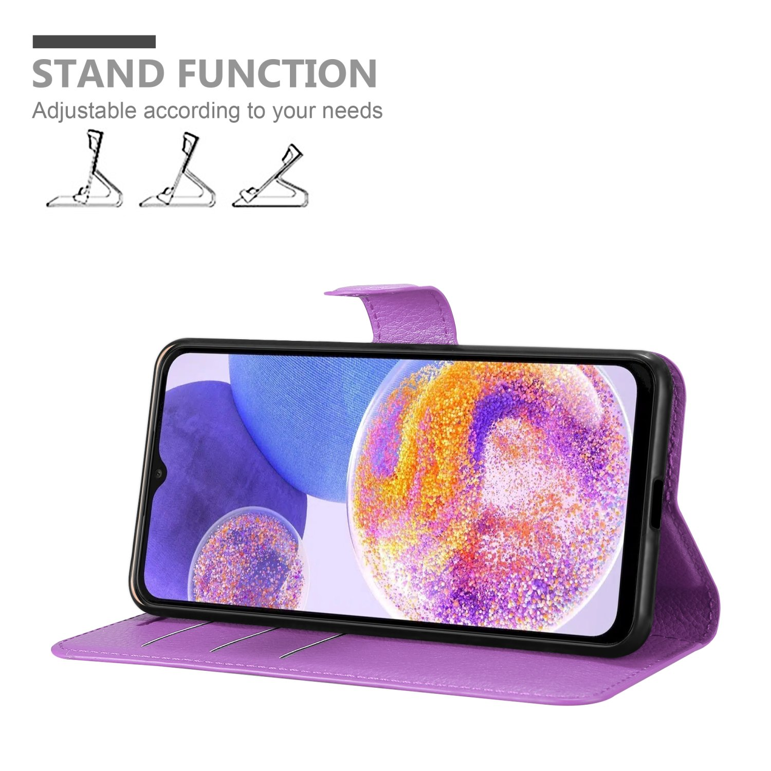 Custodia del telefono viola, aperta, con telefono e illustrazioni per la funzione stand.