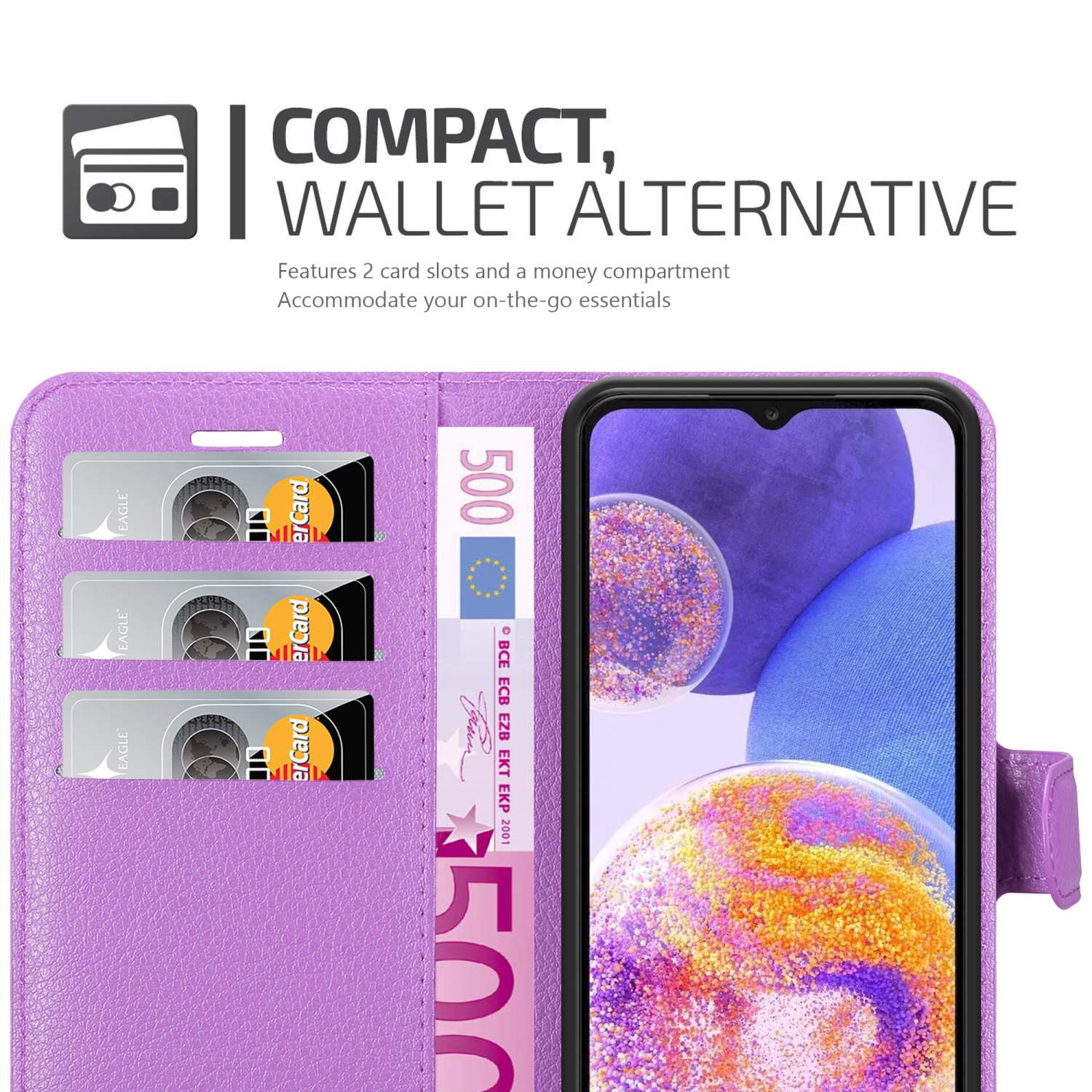 Una custodia viola per telefono con scomparti per carte e un vano per denaro, con carte e contanti, accanto a un telefono.