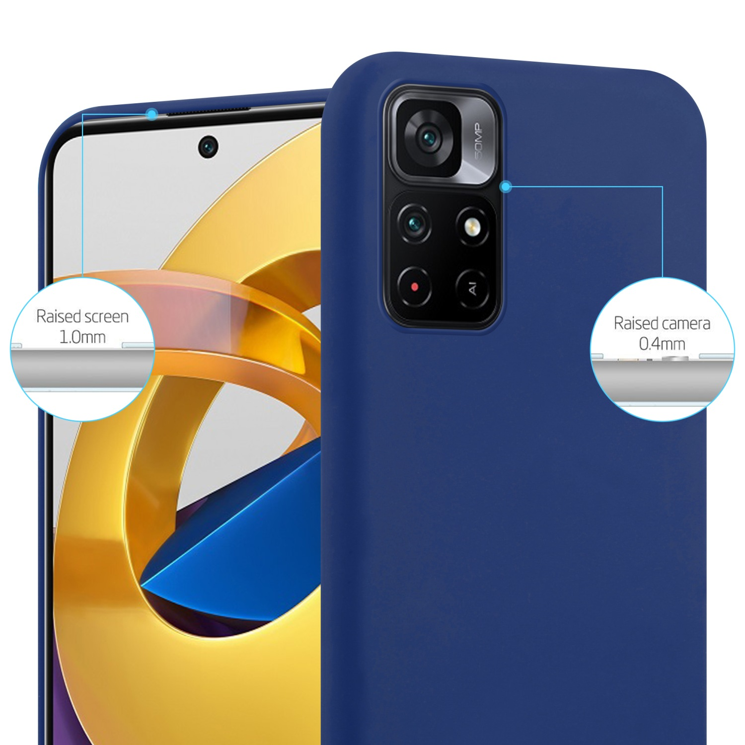 Custodia per telefono blu con schermo e fotocamera rialzati. La custodia è blu scuro.