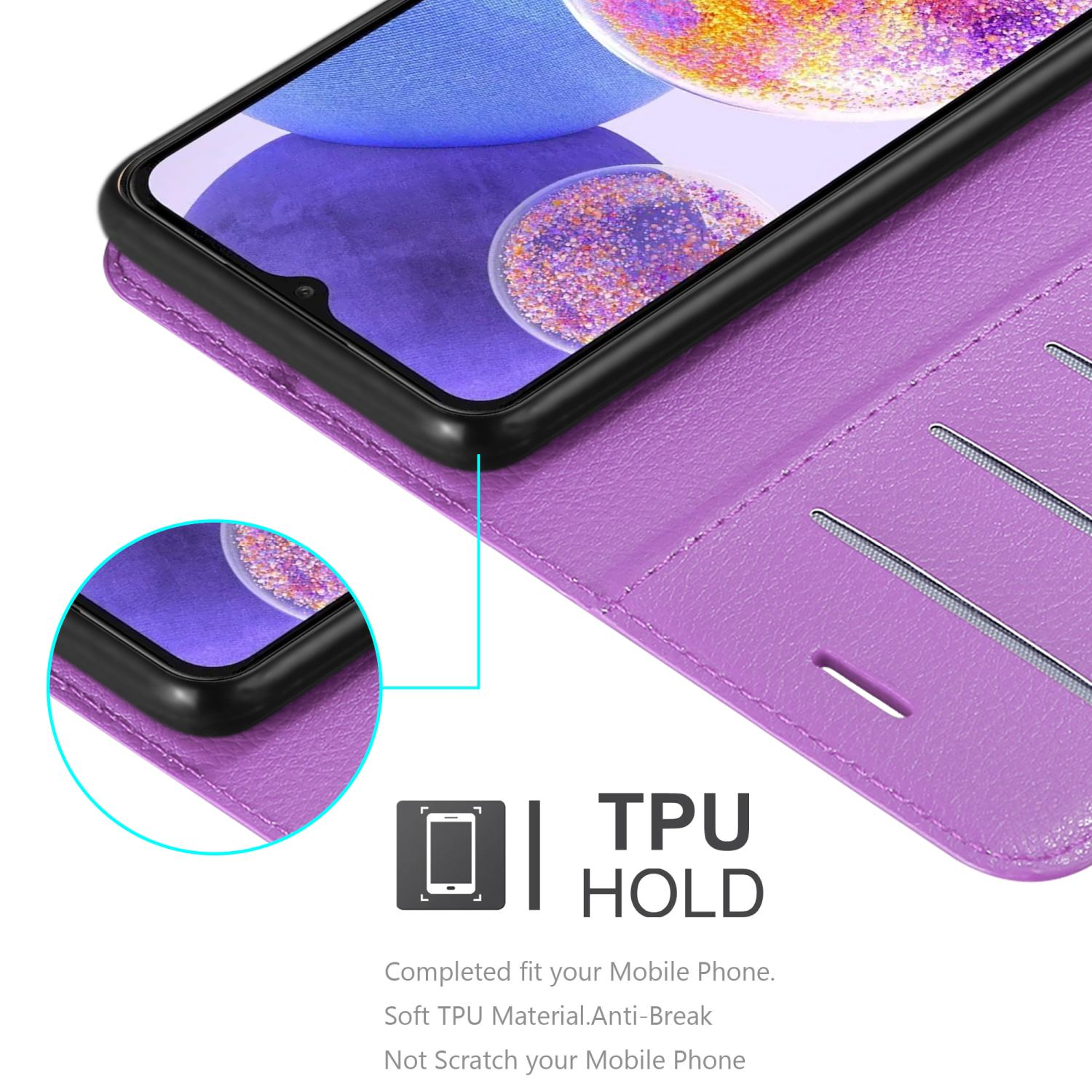 Custodia per telefono viola aperta, telefono all'interno. Testo: TPU HOLD, Adattamento completo per il tuo cellulare. Materiale TPU morbido.