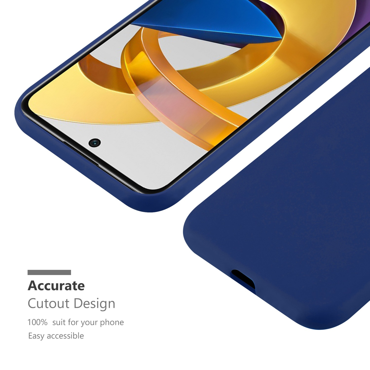 Viene mostrata una custodia blu per telefono con un telefono all'interno. Il design è accurato. Design ritagliato e facile accesso.