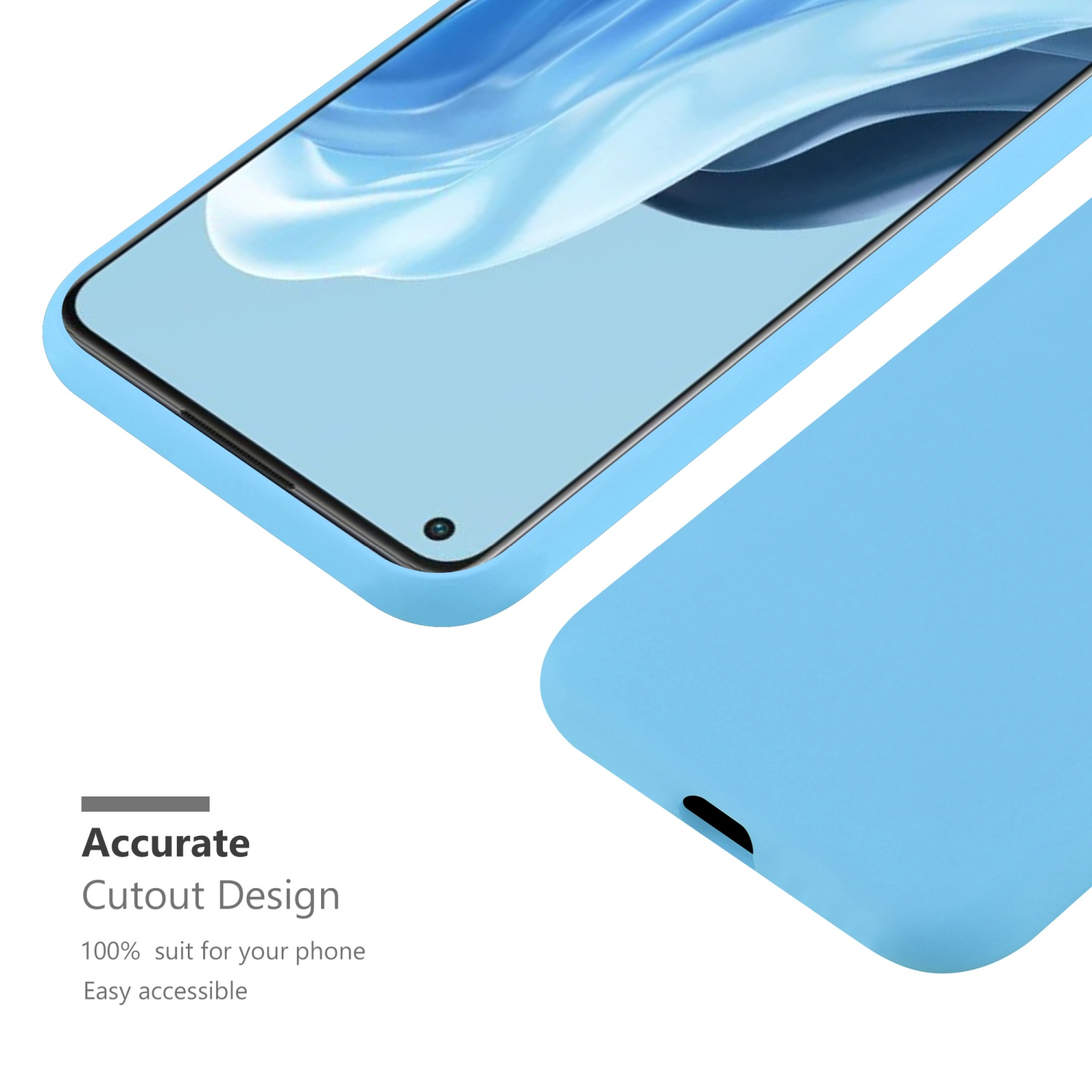 Custodia per telefono blu. Schermo del telefono visibile, con custodia blu. Sfondo bianco.