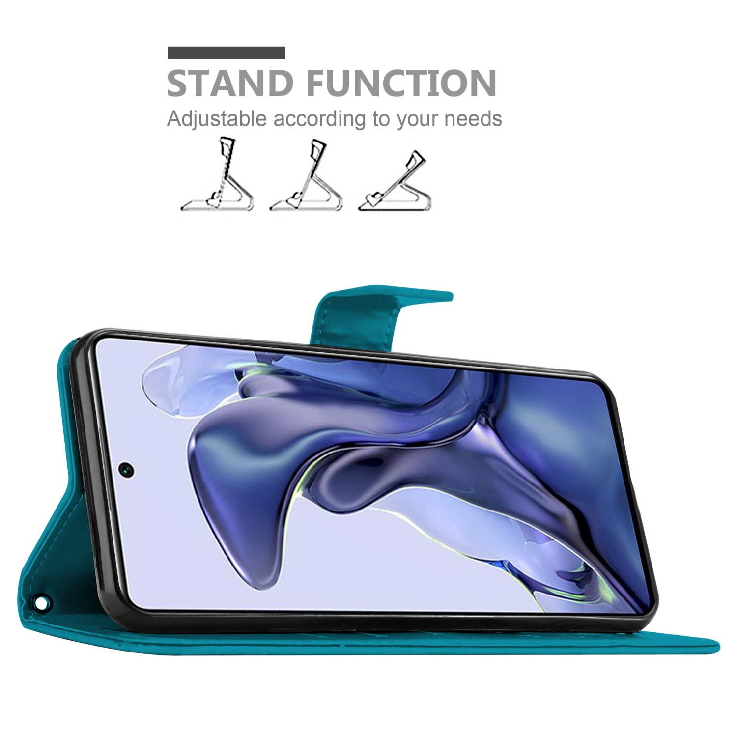 Custodia verde acqua con telefono all'interno, con funzione di supporto.