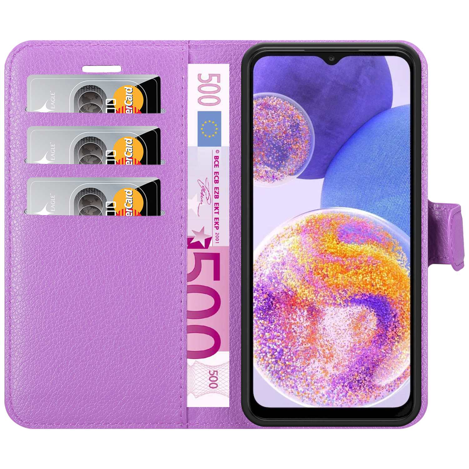Telefono in custodia viola, aperto, con carte e denaro visibili. Stile portafoglio.
