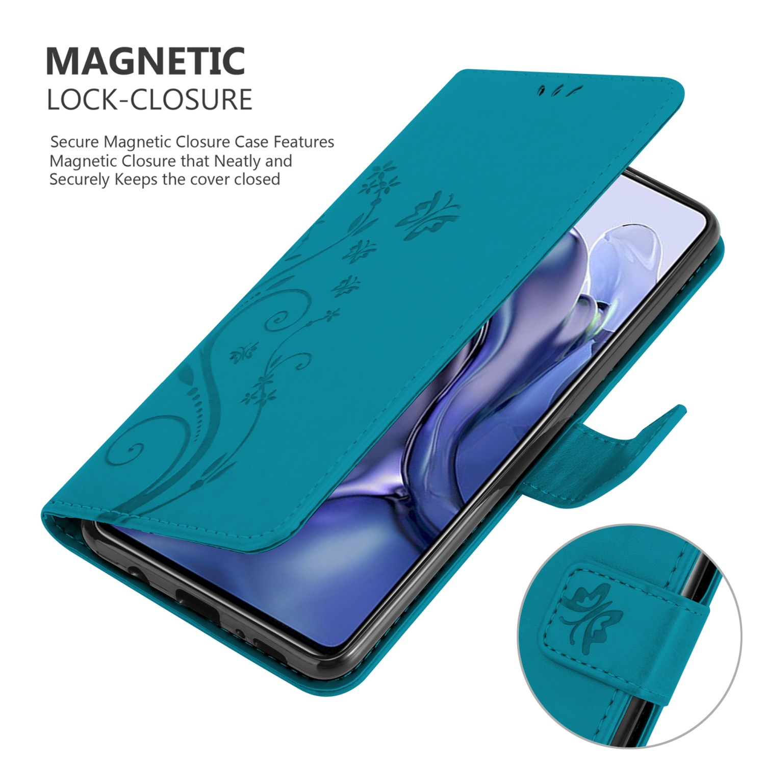Custodia turchese aperta, rivela un telefono. Ha un motivo floreale e chiusura magnetica.