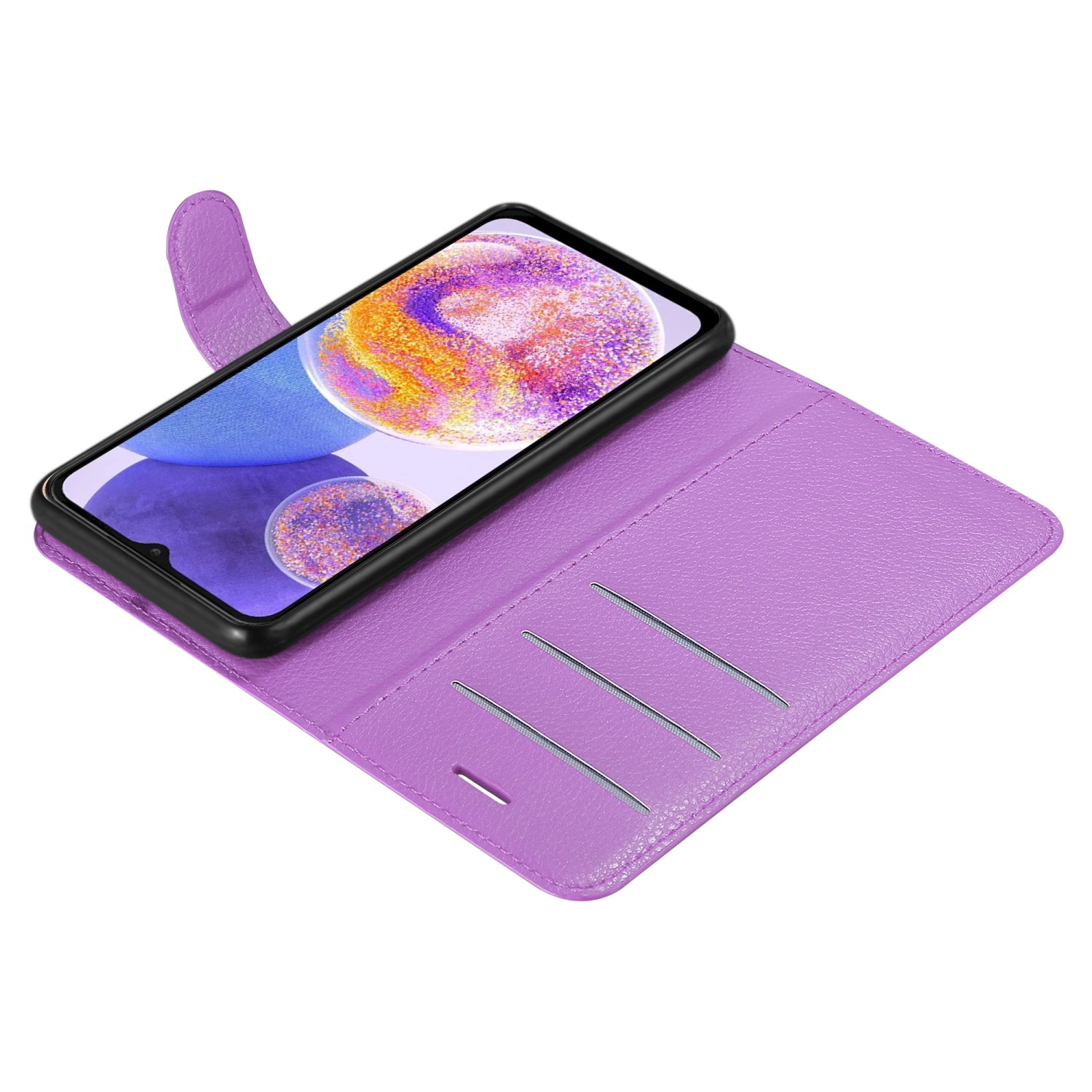 Una custodia per telefono viola aperta, con un telefono all'interno. Il telefono ha un display colorato.