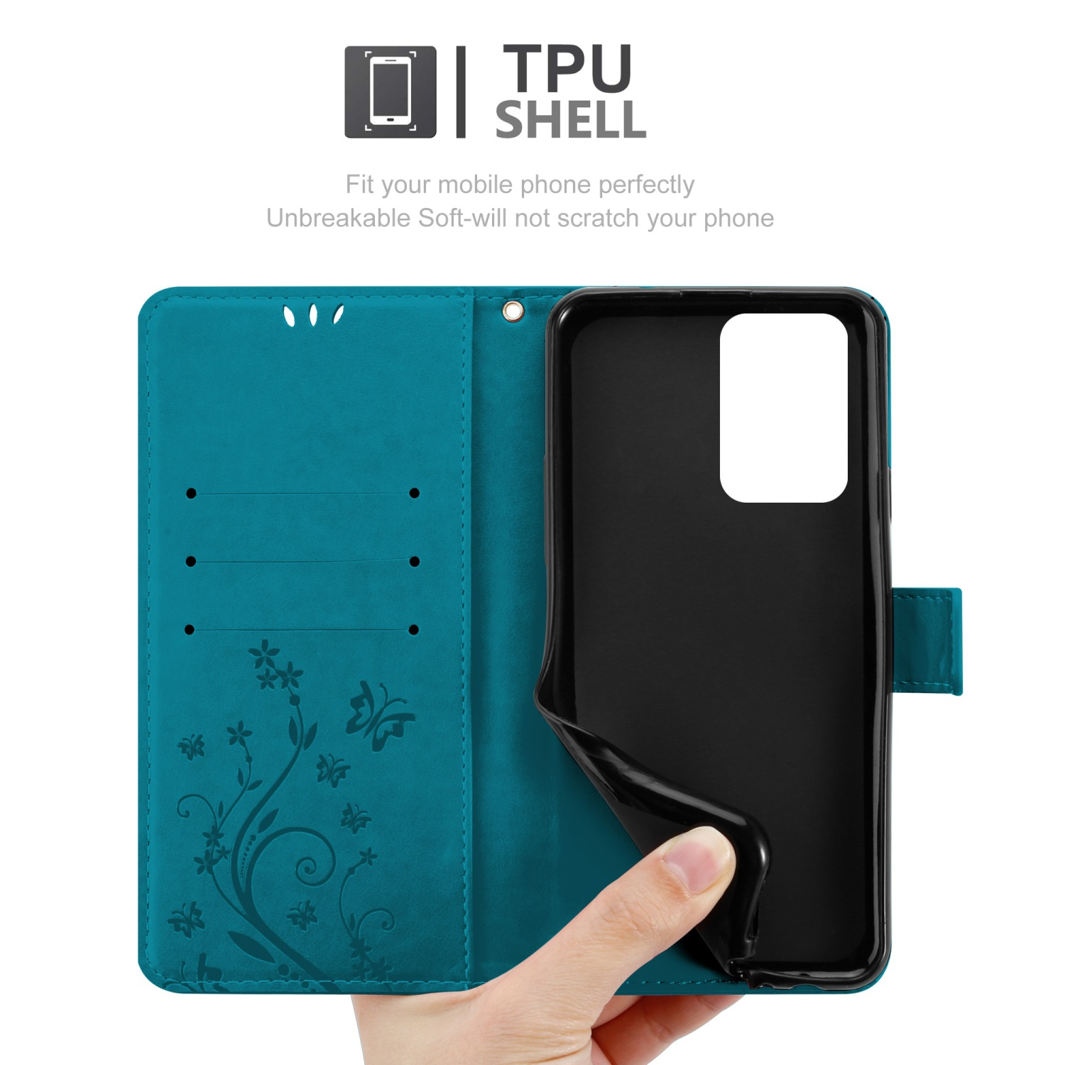 Custodia per telefono verde acqua aperta, che rivela un telefono nero. La mano tira indietro la custodia.