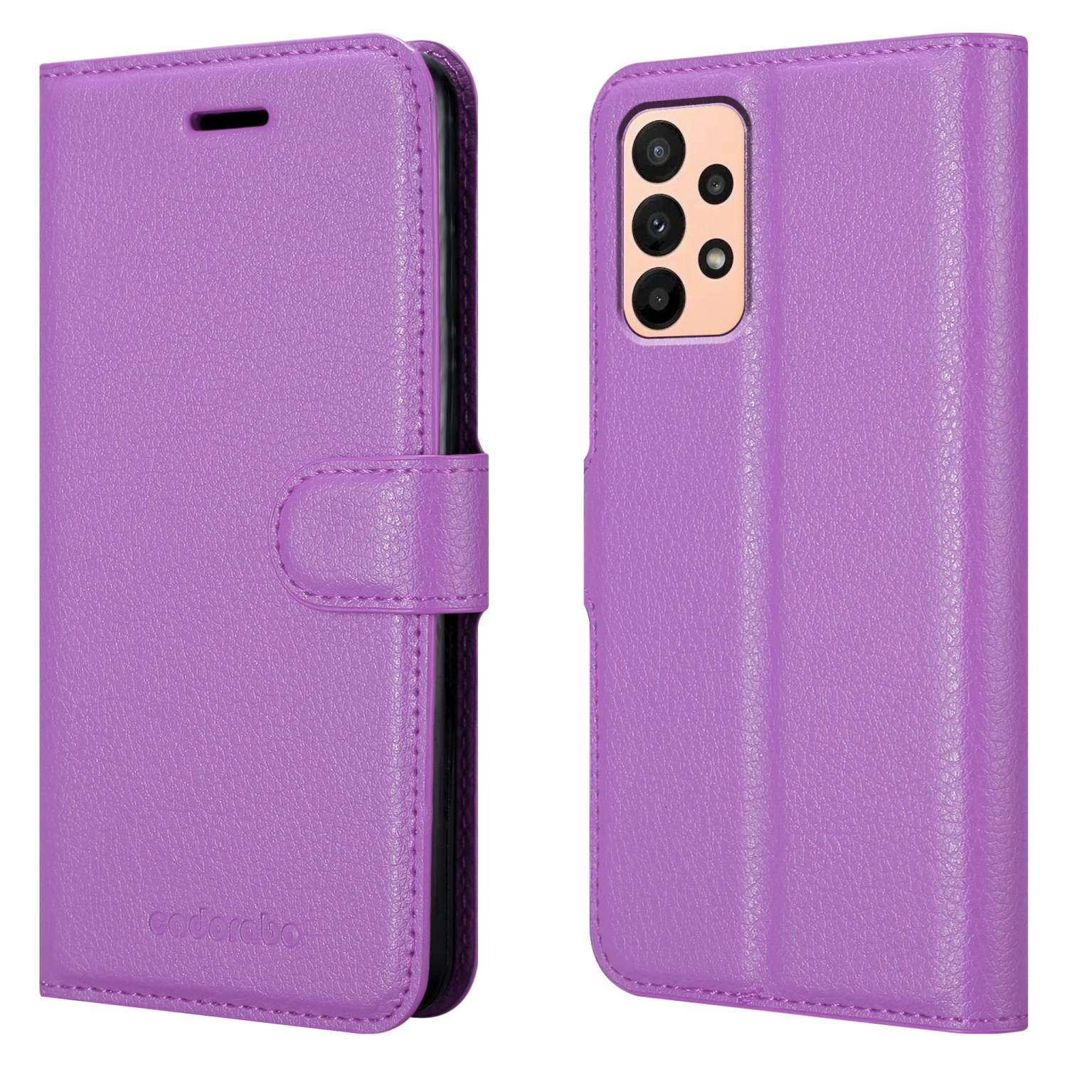 Custodia per telefono viola con telefono all'interno, aperta e chiusa.