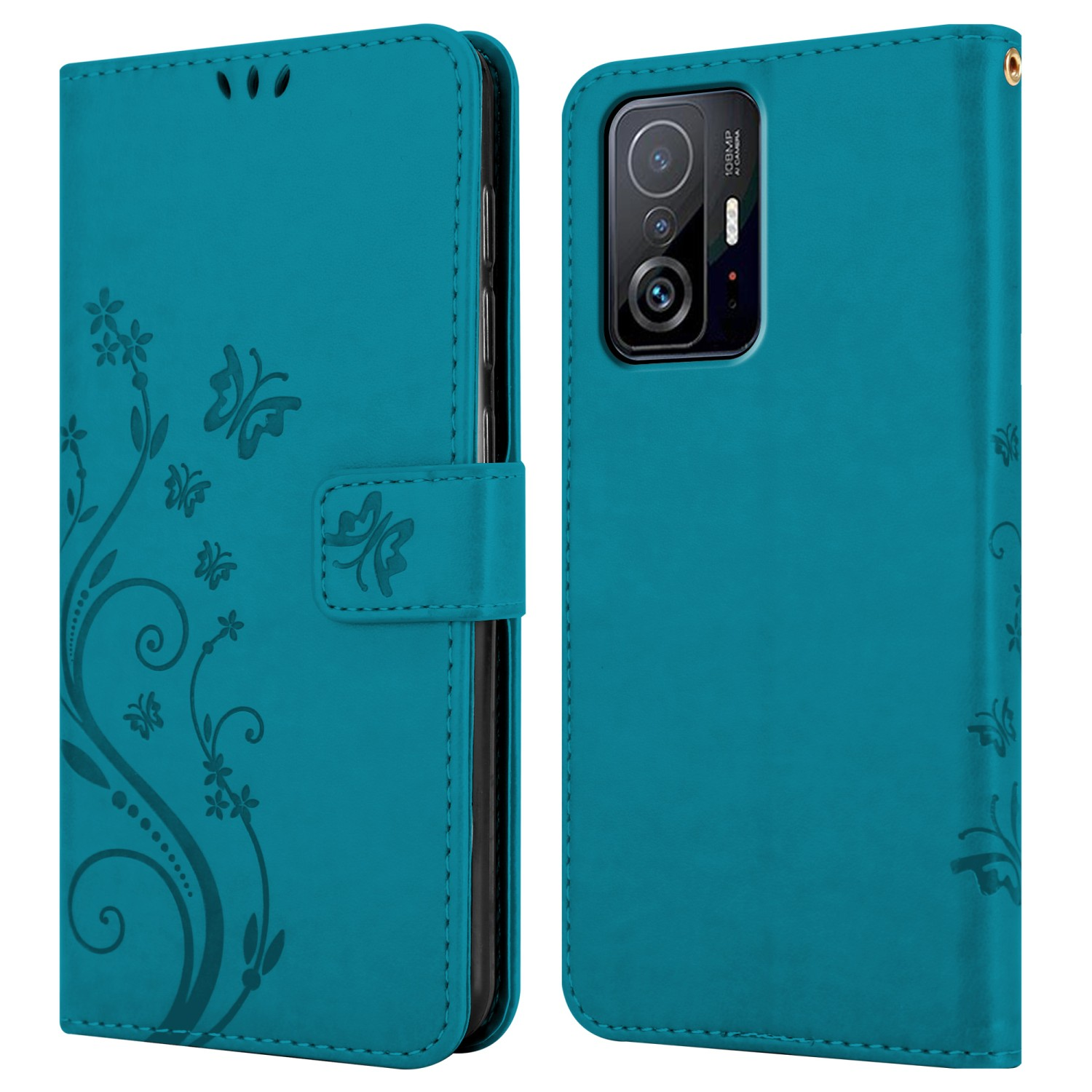 Custodia turchese in due parti, con design floreale in rilievo e telefono.