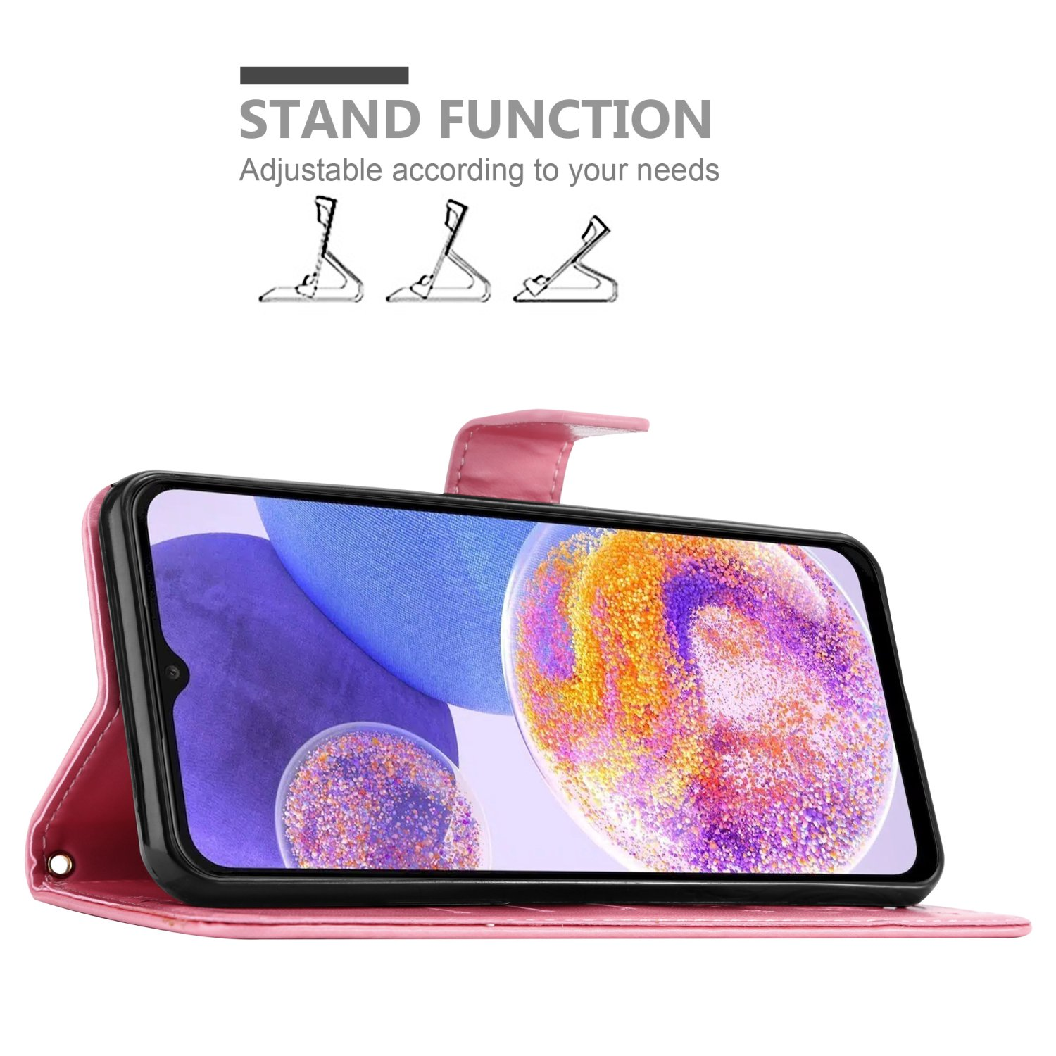 Custodia per telefono rosa in stile folio. Il telefono è nella custodia aperta, supportato da un supporto. Testo: 'Funzione stand'.