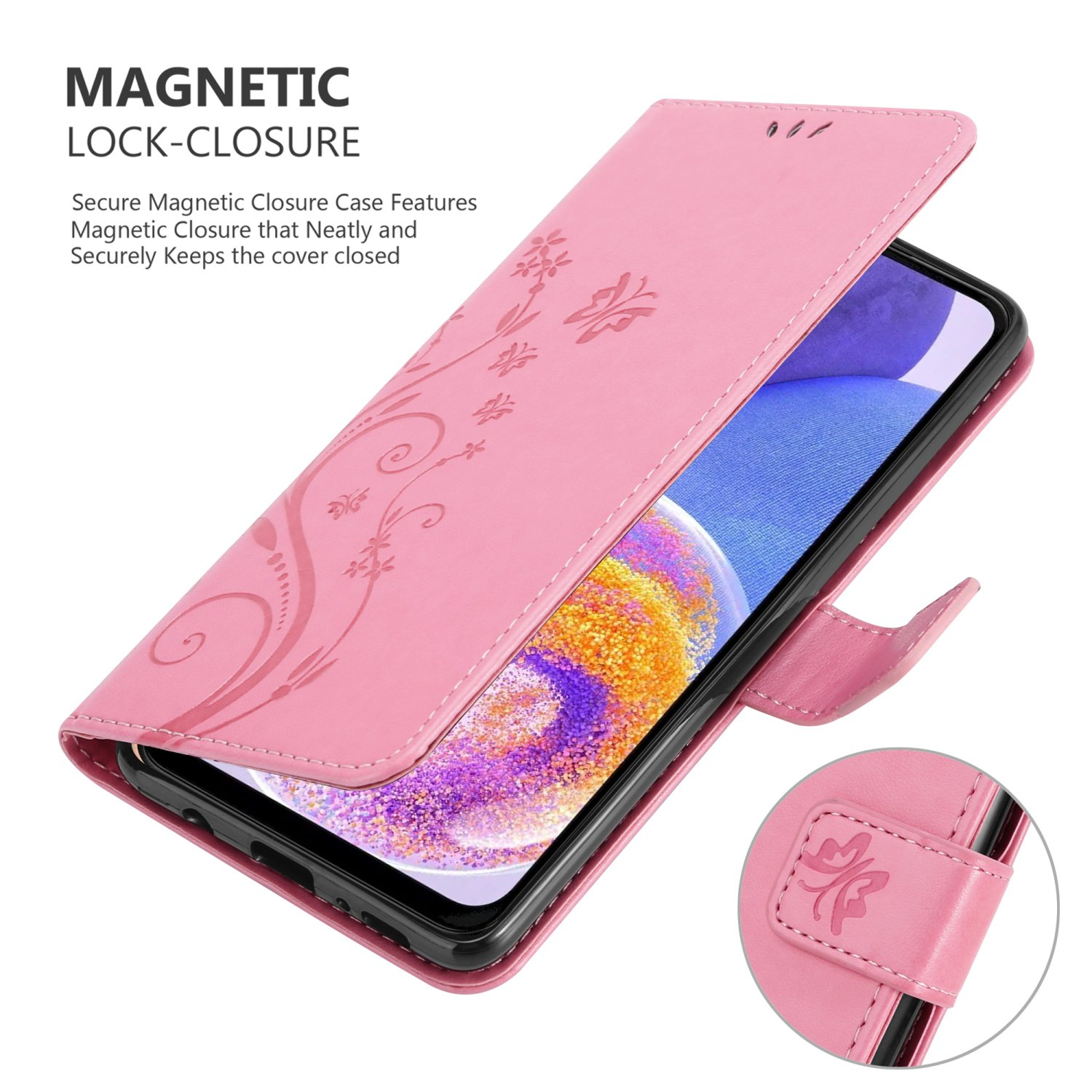 Custodia rosa per telefono aperta con telefono all'interno. Design floreale e chiusura magnetica. Testo: Chiusura magnetica.