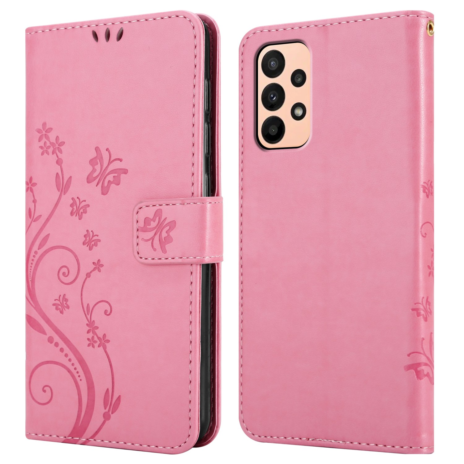 Custodia per telefono rosa con design floreale, vista aperta e chiusa. Il telefono è all'interno.