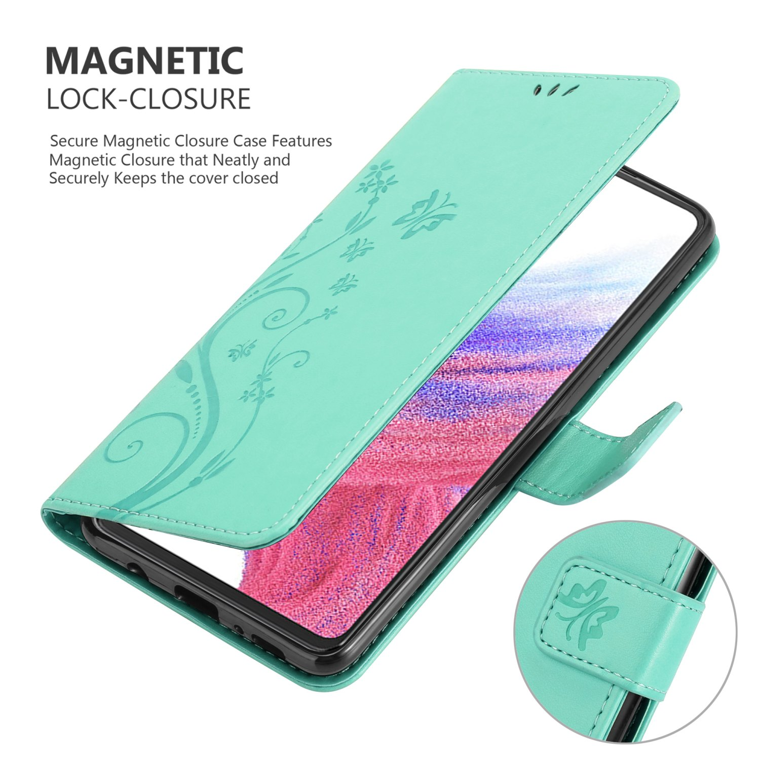 Custodia per telefono verde acqua aperta, che mostra il telefono, con design floreale e chiusura magnetica.