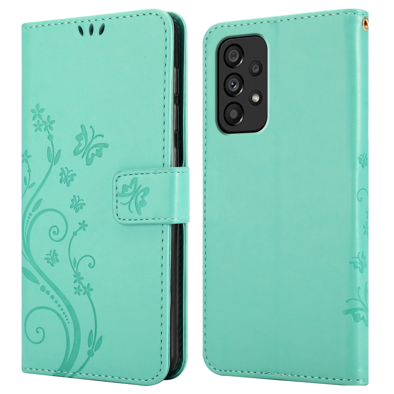 Due custodie per telefono, una aperta, in verde acqua con design floreale in rilievo. Il telefono è visibile all'interno di una.