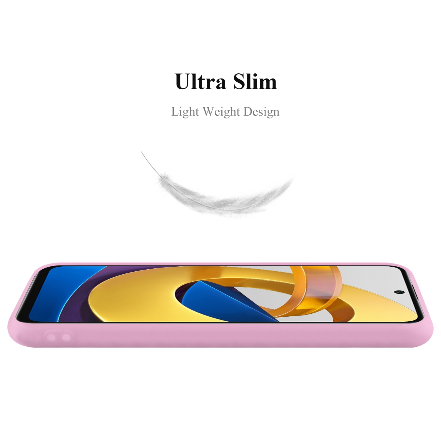 Custodia per telefono rosa, vista laterale. Ultra Slim e design leggero sono pubblicizzati con una piuma.