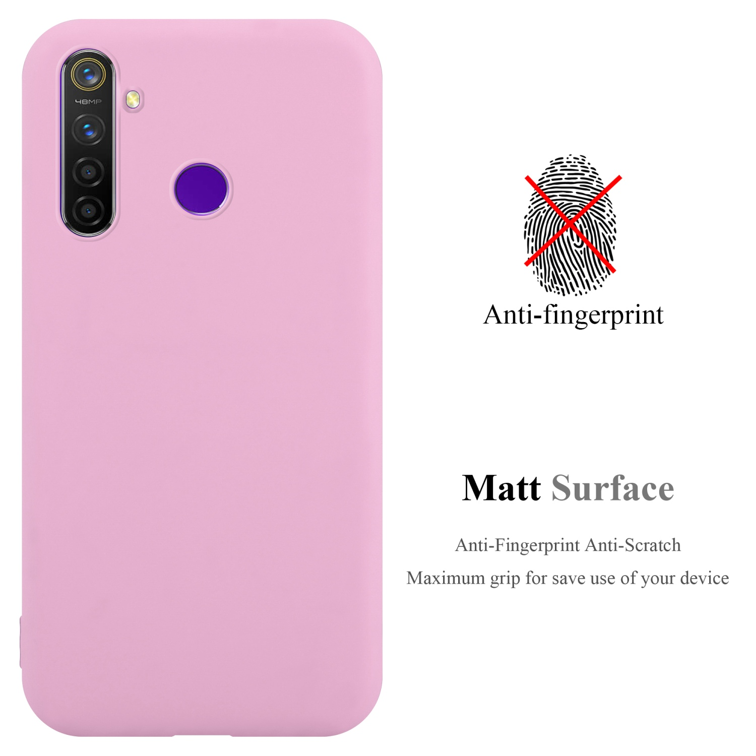 Custodia rosa per telefono con telefono. Testo: Superficie opaca, anti-impronte. Sfondo bianco.