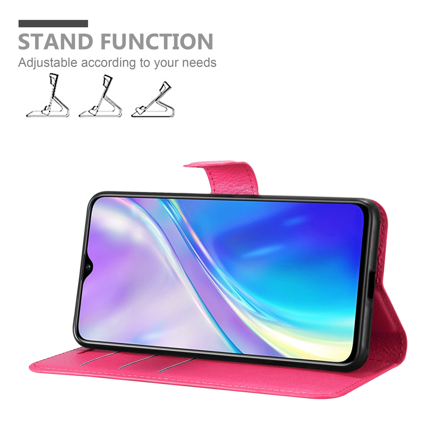 Una custodia rosa per telefono con telefono e funzione stand. Una custodia rosa.