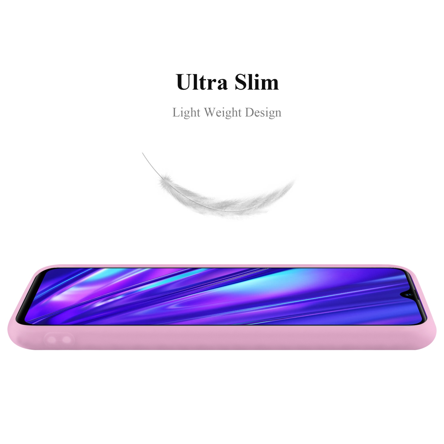 Una custodia per telefono rosa, design leggero, con una piuma che fluttua sopra.