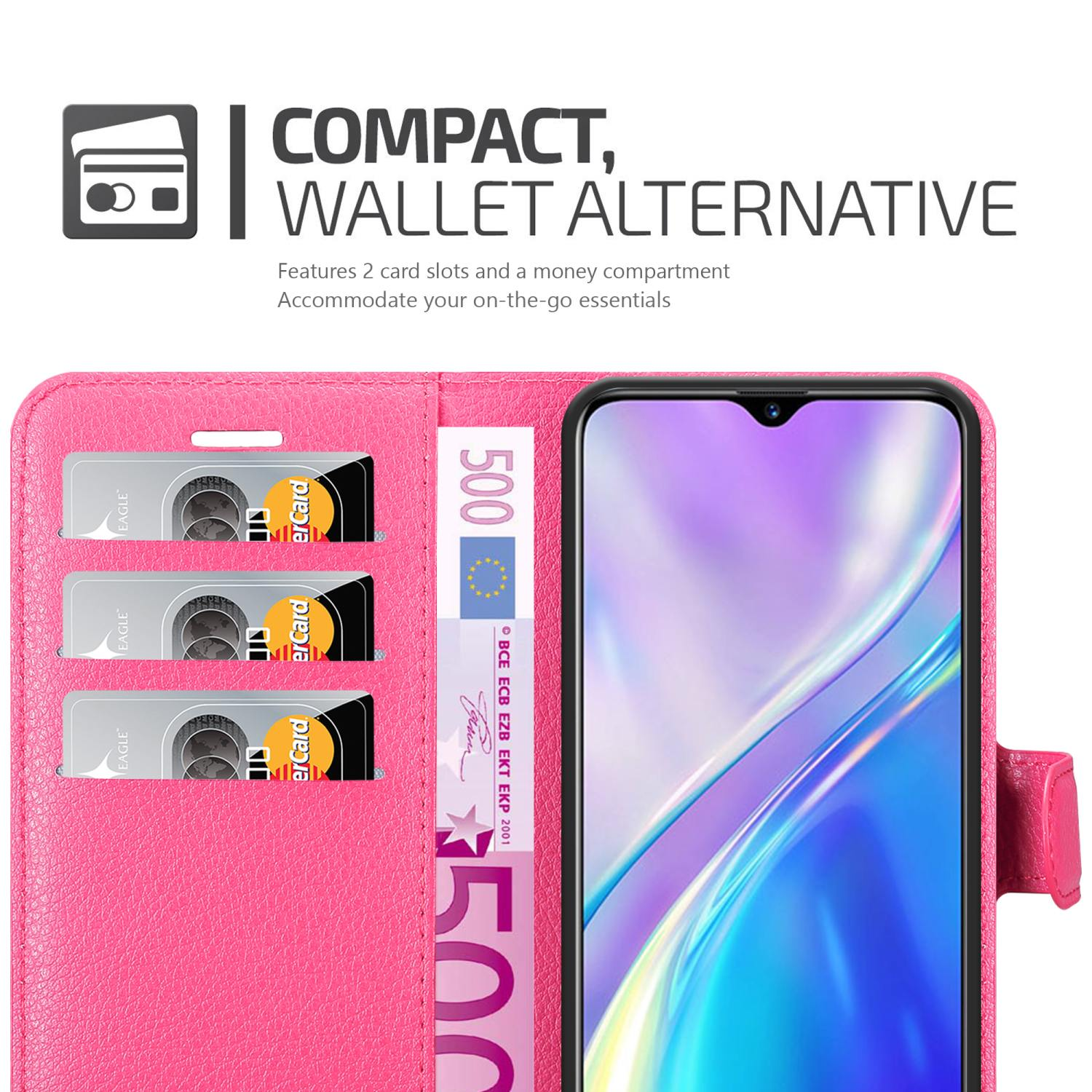 Custodia rosa con carte e denaro. Testo: Alternativa portafoglio compatto.