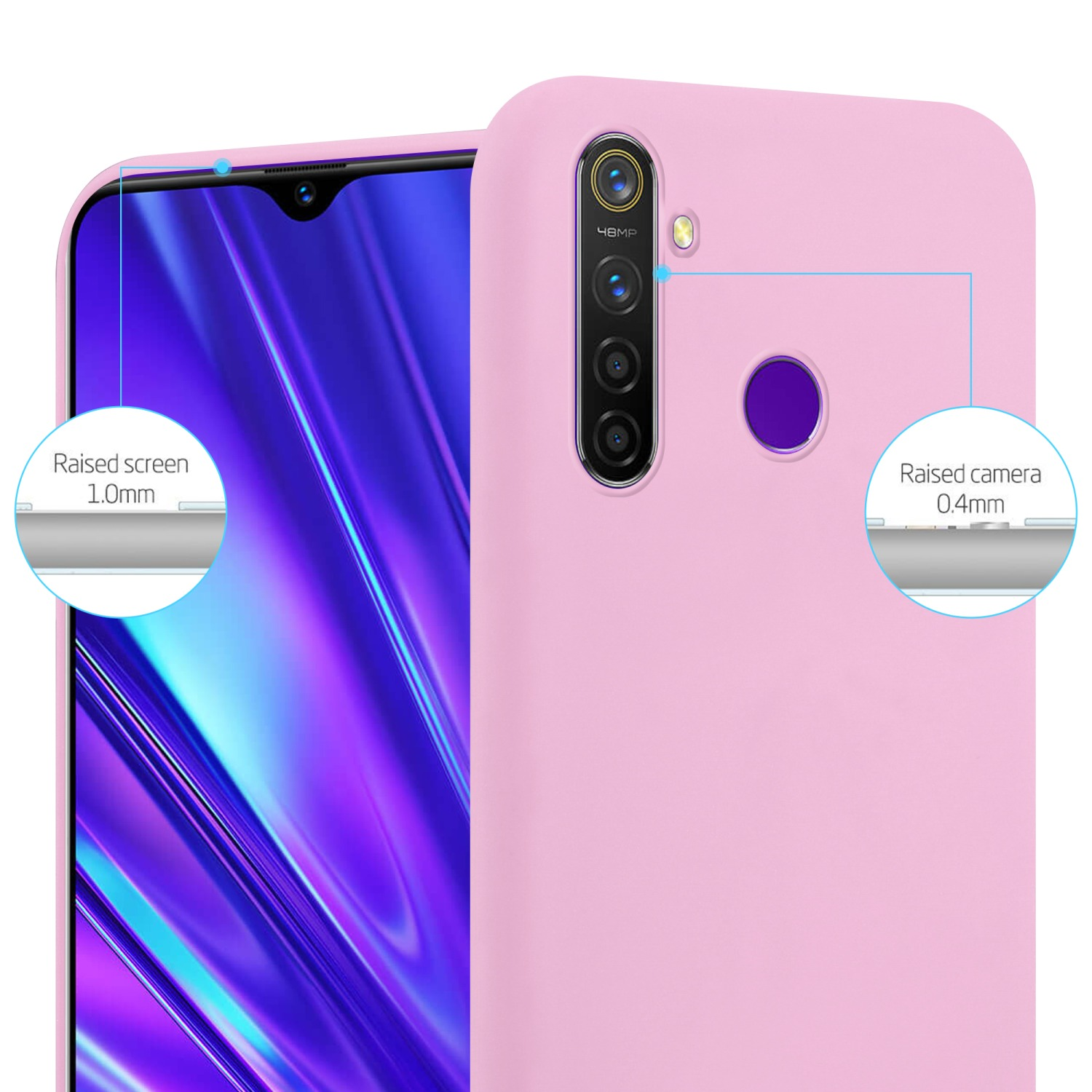 Custodia per telefono rosa con protezione schermo e fotocamera rialzate. Sfondo bianco.